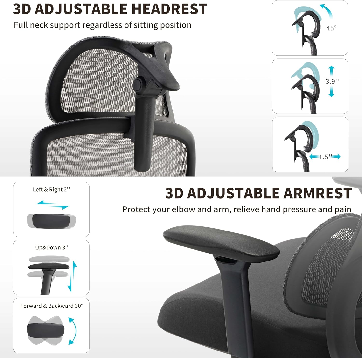 EUREKA ERGONOMIC Office Chair Mesh with Wheels, Ergonomic Chair with Lumbar Support, Home Office Desk Chair with Adjustable Seat Depth, 3D Armrest & Headrest, Black