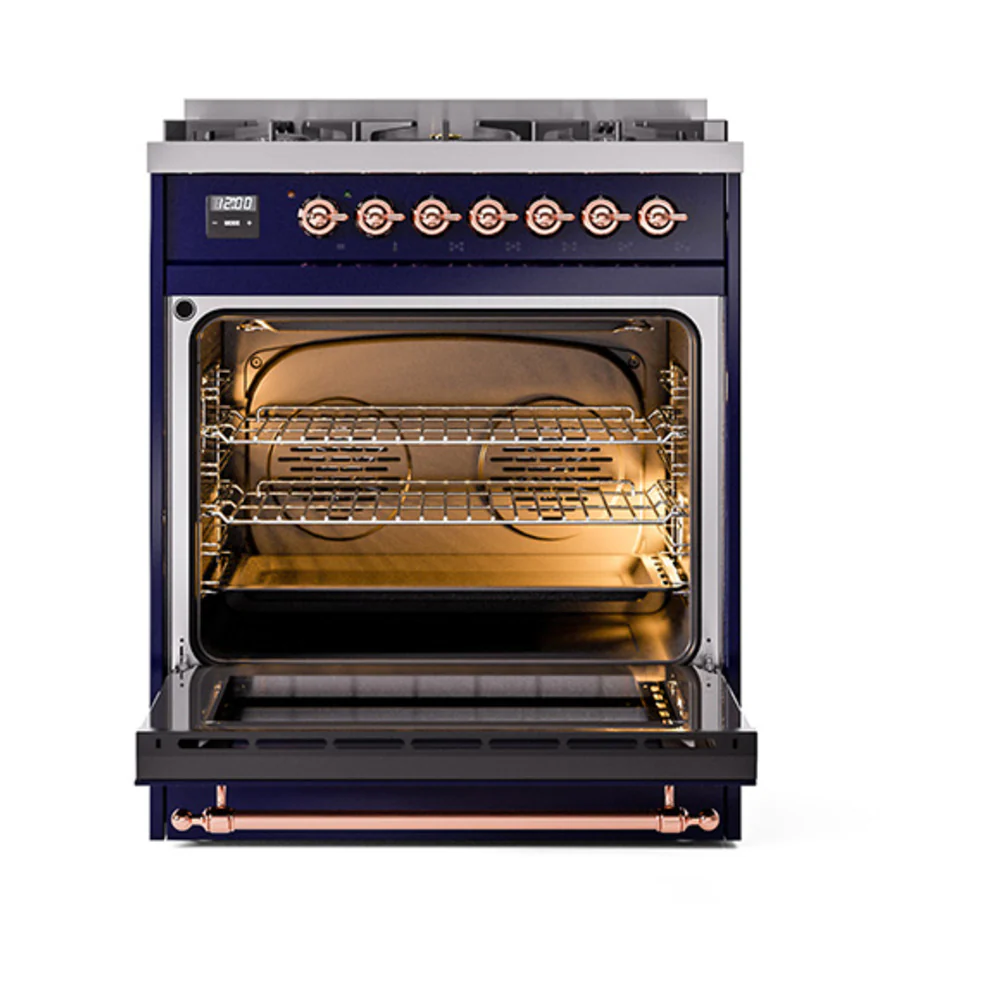 ILVE Nostalgie II 30-Inch Dual Fuel Range with Solid Door in Midnight Blue with Copper Trim (UP30QNMPMBP)