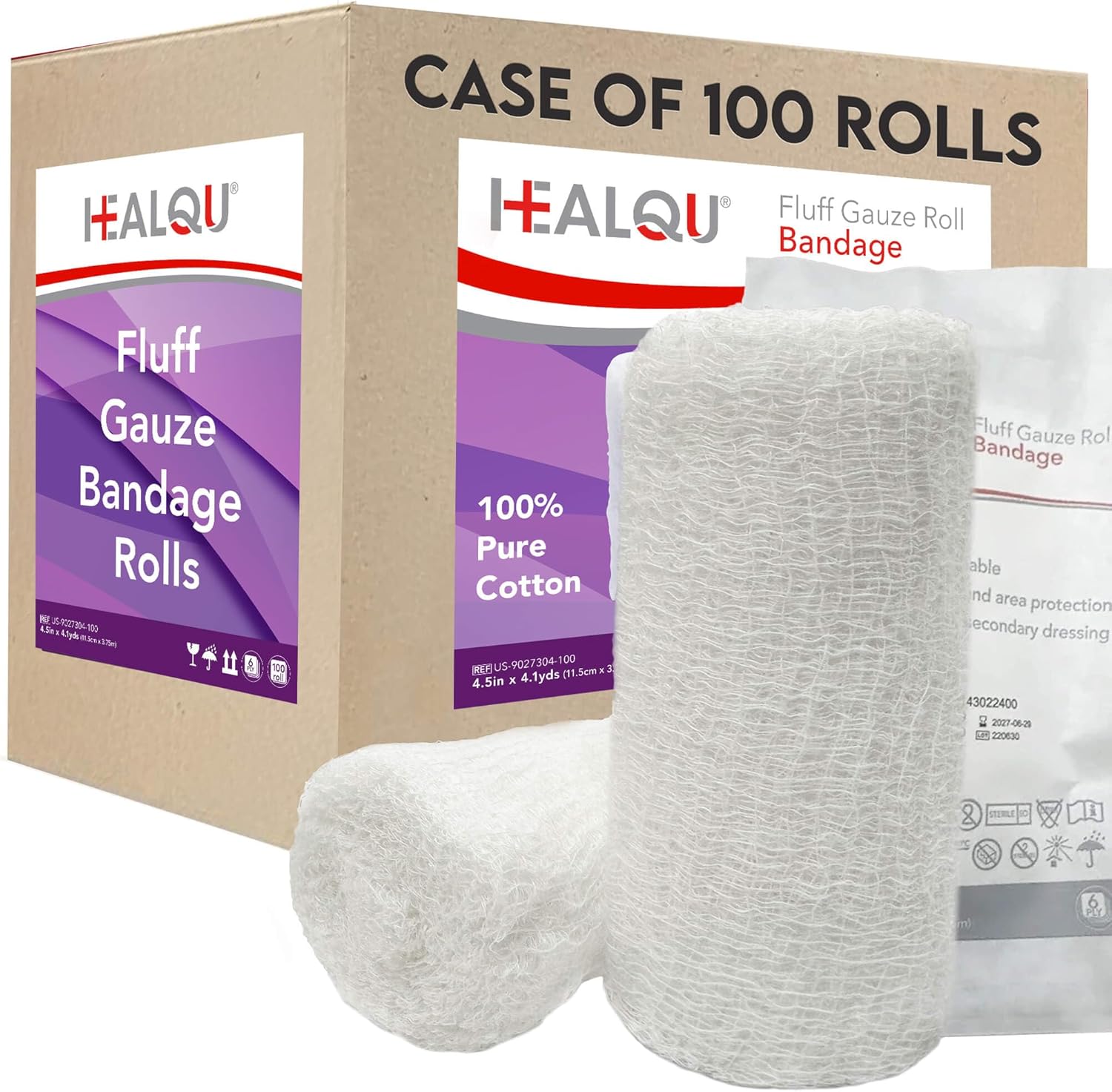 HEALQU Kerlix Type Gauze Bandage Rolls - 4 ½ in x 4.1 Yds, 6 Ply - 100 Single Sterile Pocuhes - Extra Absorbency, Latex Free, Hospital Grade Cotton Krinkle Fluff Bandage Wrap - Wound Care & First Aid