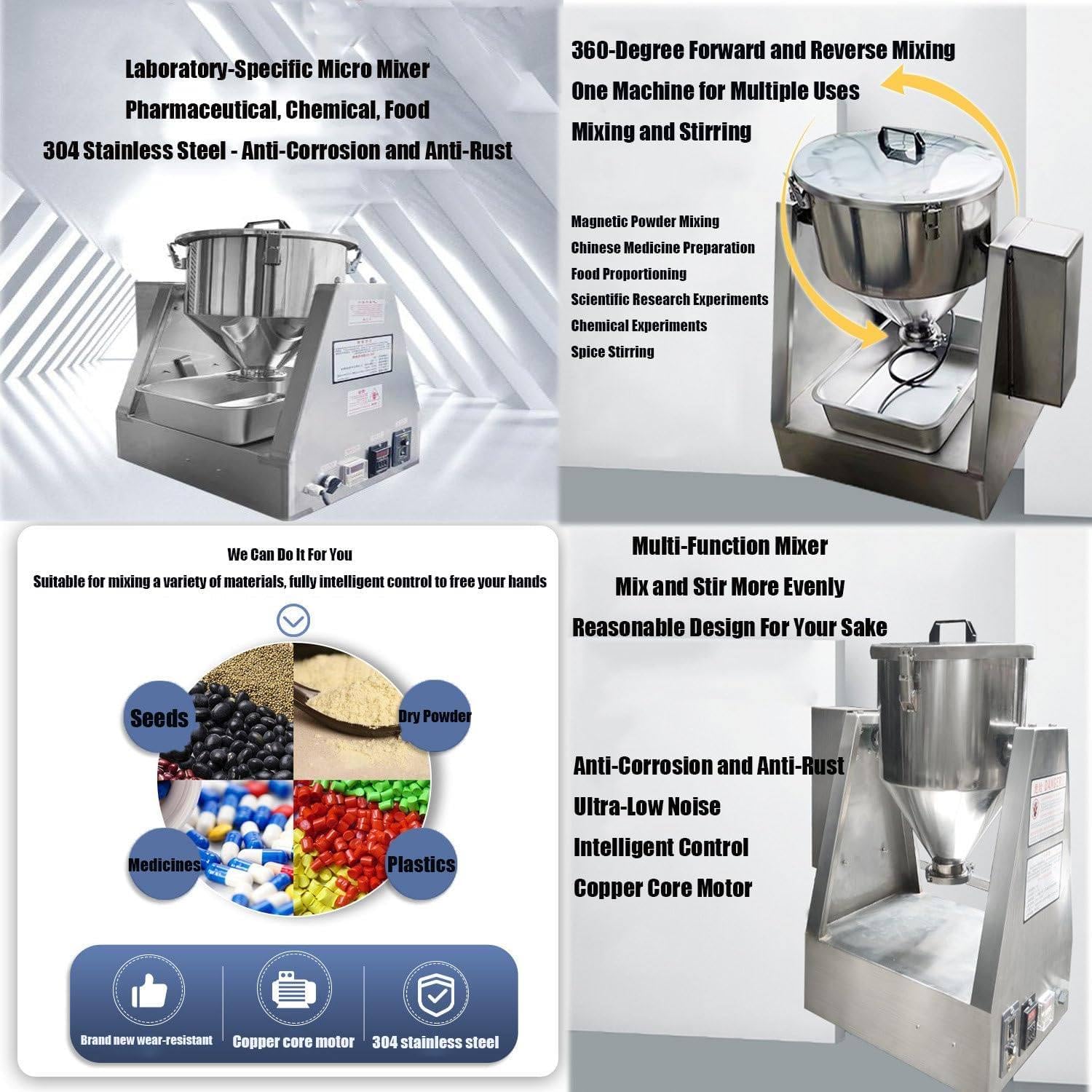 Electric 304 Stainless Steel Powder Blender,Dry Powder Granule Mixer,Laboratory Mixing Equipment,Small Dry Powder Mixing Machine, for 5/10/20/40L Materials 40L