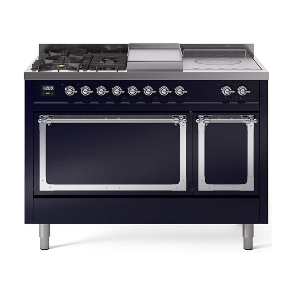 ILVE 48-Inch Nostalgie II Noblesse Dual Fuel Range with 5 Sealed Burners, Griddle, French Top and Solid Door Oven in Midnight Blue with Chrome Trim (UN48FSQNMPMBC)