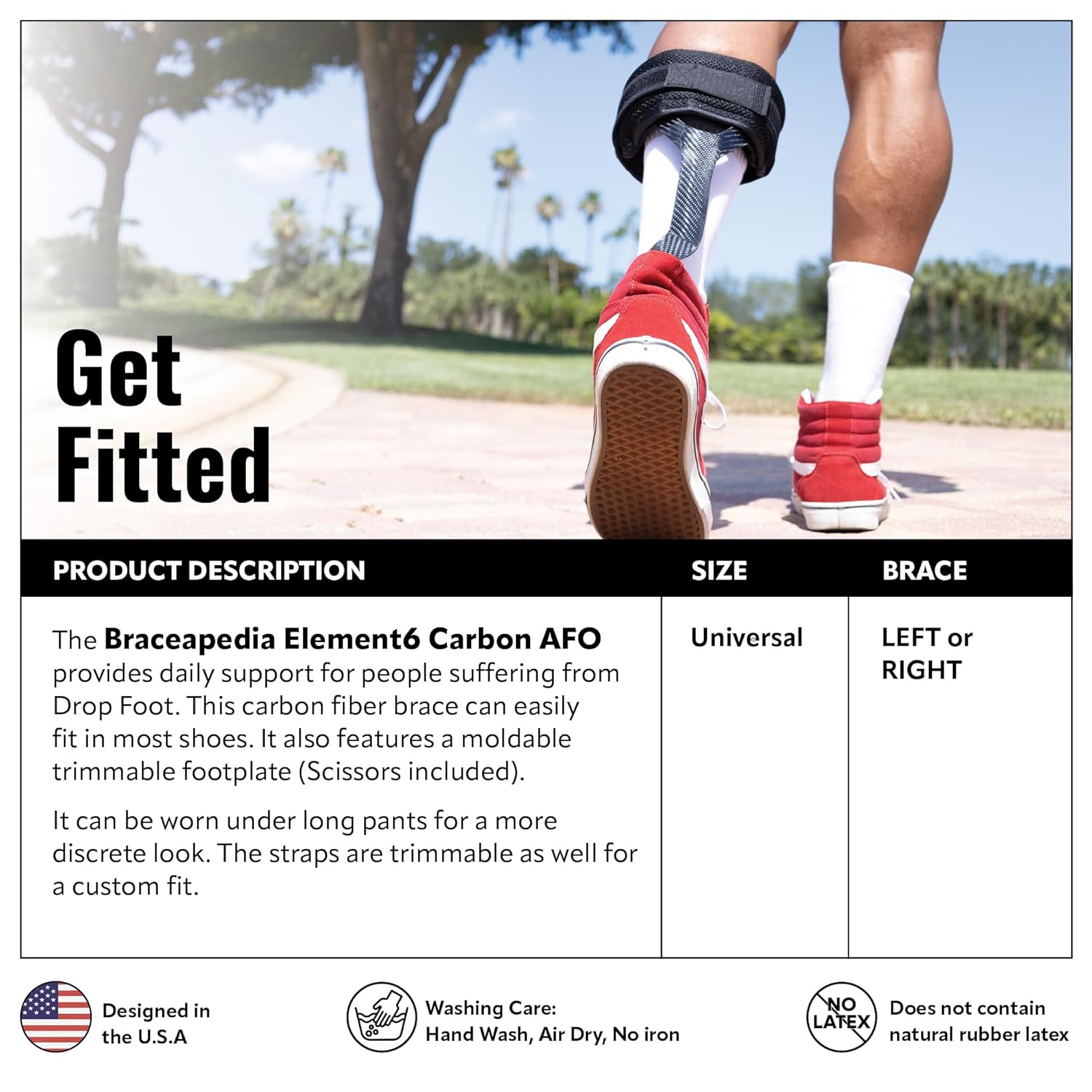 Element6 Carbon AFO Foot Drop Brace, Medical Grade Ankle Support Brace, Drop Foot Brace for Walking, Instability, & Injury Recovery, Universal, Right Foot, Black