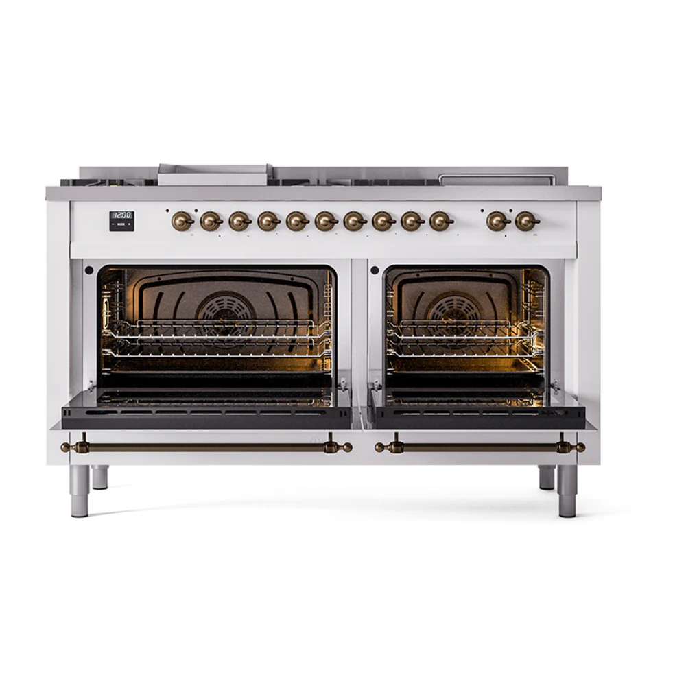 ILVE 60-Inch Nostalgie II Noblesse Dual Fuel Range with 7 Sealed Burners, Gridlde, French Top, and Solid Door Oven in Custom RAL with Bronze Trim (UN60FSQNMPRAB)