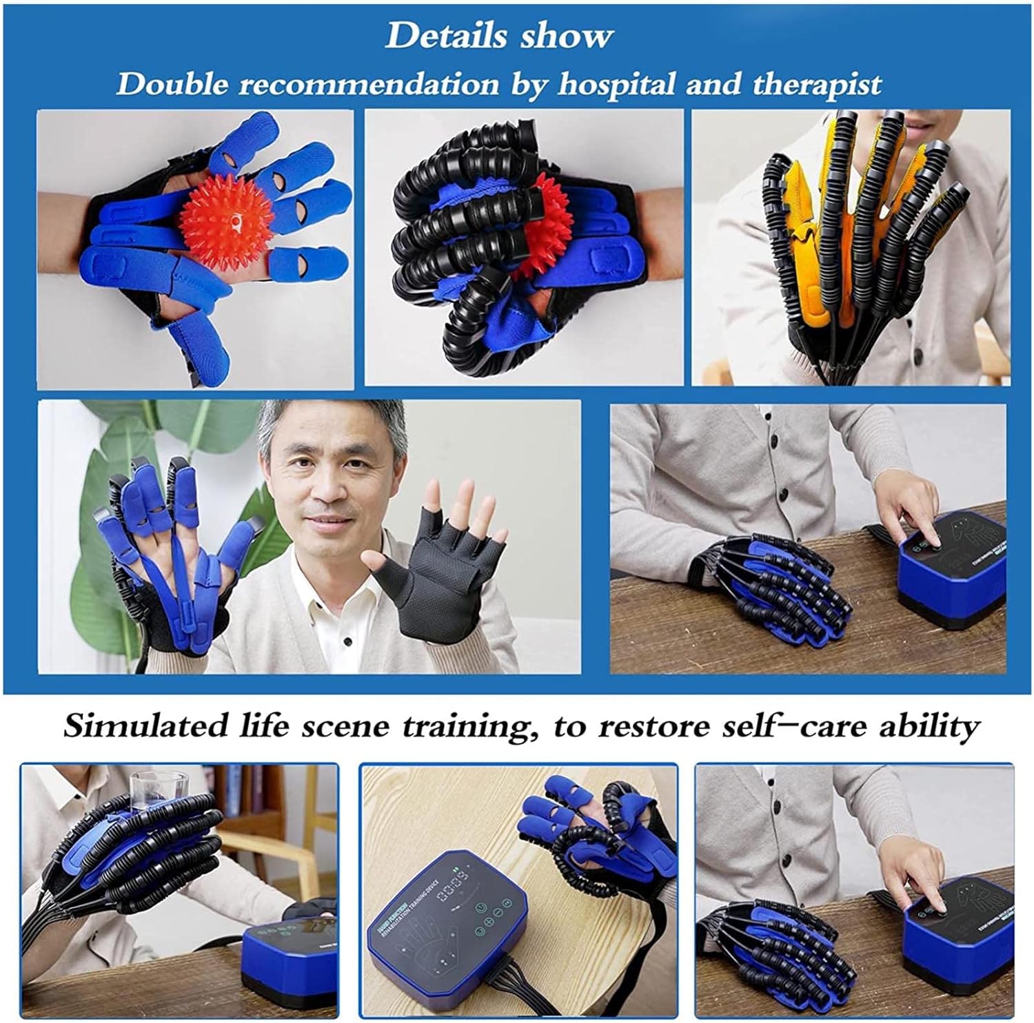 Rehabilitation Robot Gloves Hemiplegia Finger Trainer Stroke Hand Therapy Equipment, Hand Strengthener Orthosis for Longterm Relief Finger Cramps Arthritis Pain Relief (M,Blue)
