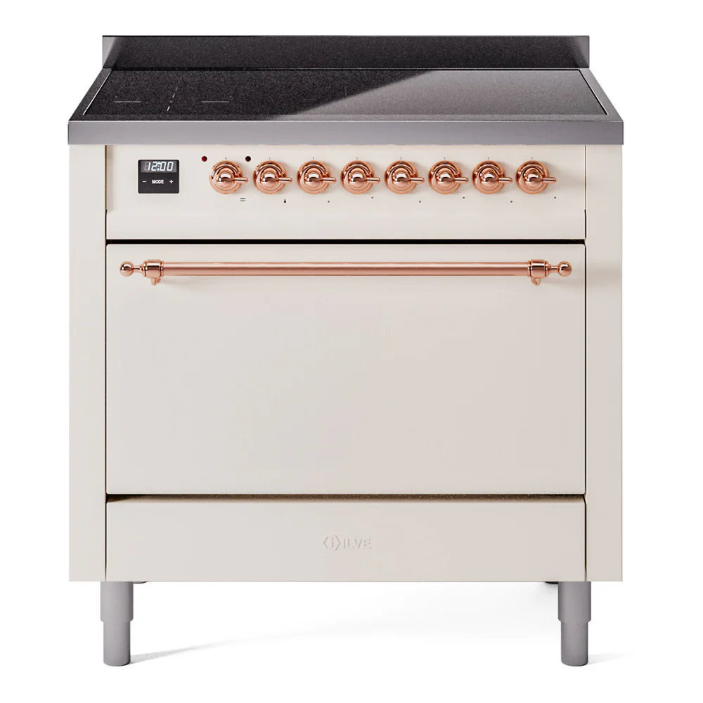 ILVE 36-Inch Nostalgie II Induction Range with Solid Door Oven in Antique White with Copper Trim (UPI366QNMPAWP)