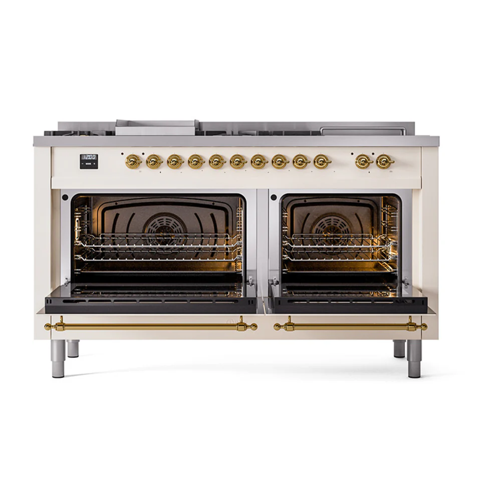 ILVE Nostalgie II 60-Inch Dual Fuel Range with 7 Burners, Griddle, & French Top with Solid Door Oven in Antique White with Brass Trim (UP60FSQNMPAWG)