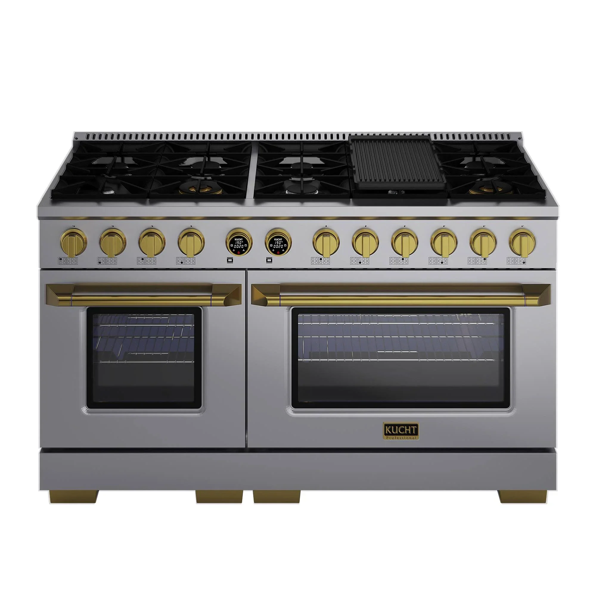 Kucht Horus 60-Inch Dual Fuel Range in Propane Gas with  8.4 cu. ft. Electric Oven & 8 Gas Burners in Stainless Steel with Gold Accents & Digital Thermostat (KXP60-GL/LP)