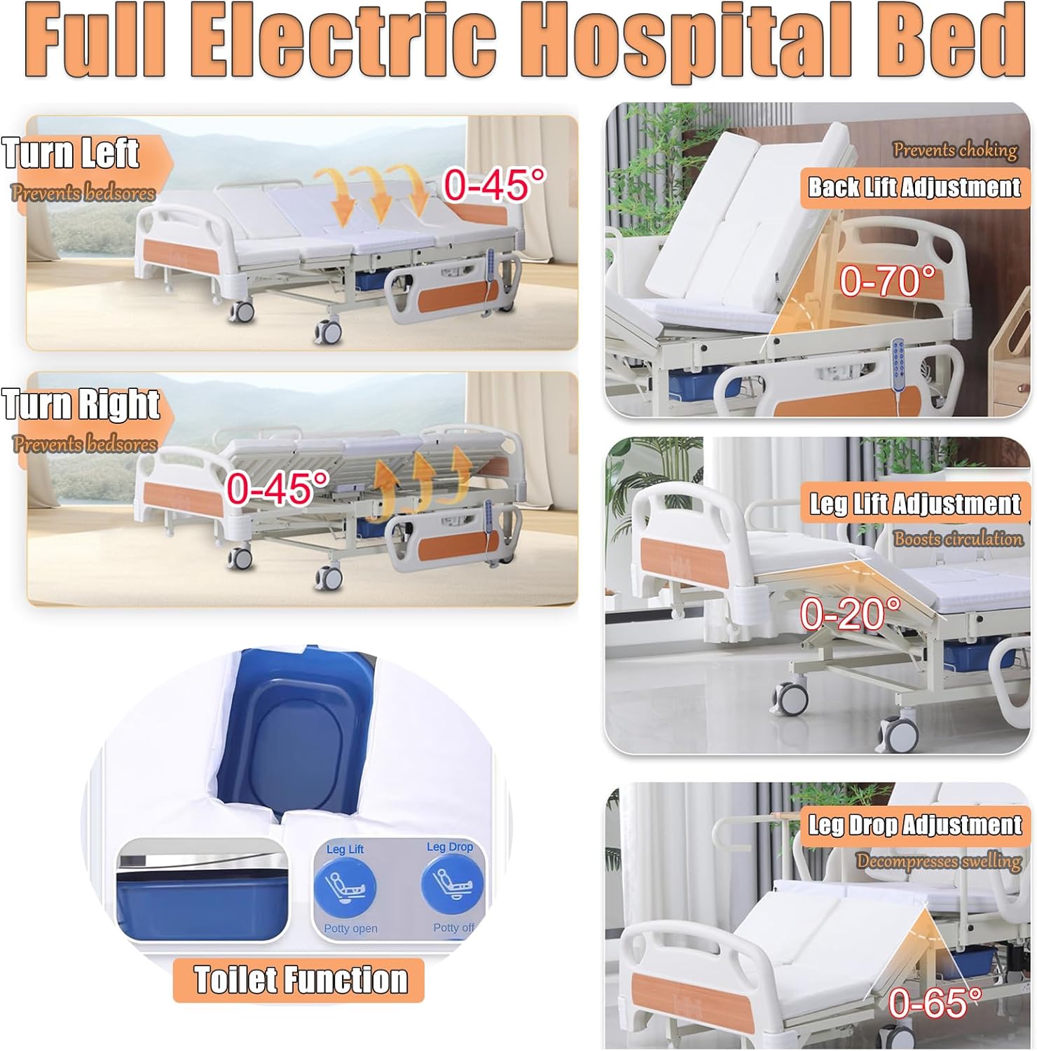 Premium Hospital Bed - 10 Function Full Electric Hospital Bed, 0-45°Timed Side Turn, Electric Medical Bed with Mattress & ABS Rails, Bedpan, Dining Table Board, IV Pole, Casters, Up to 550LBS