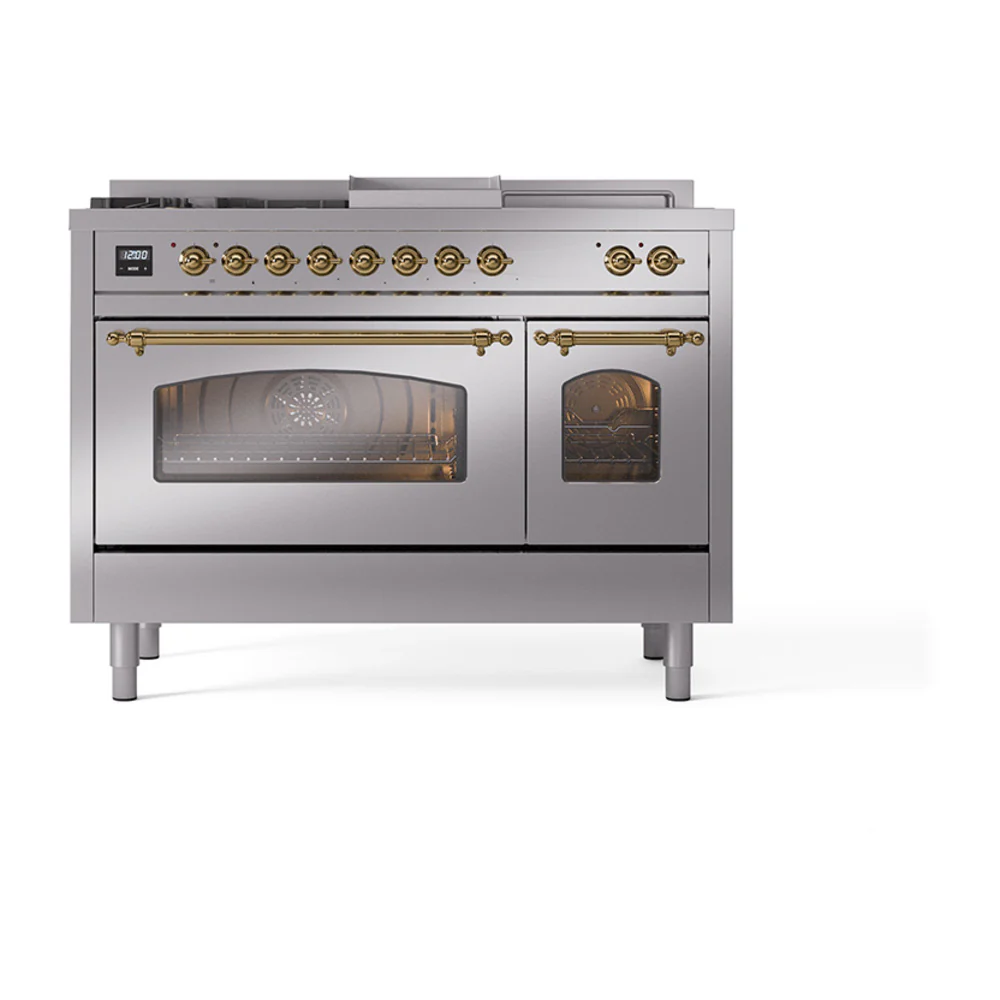 ILVE Nostalgie II 48-Inch Dual Fuel Range with 5 Burners, Griddle, & French Top with Triple Glass Door Oven in Stainless Steel with Brass Trim (UP48FSNMPSSG)