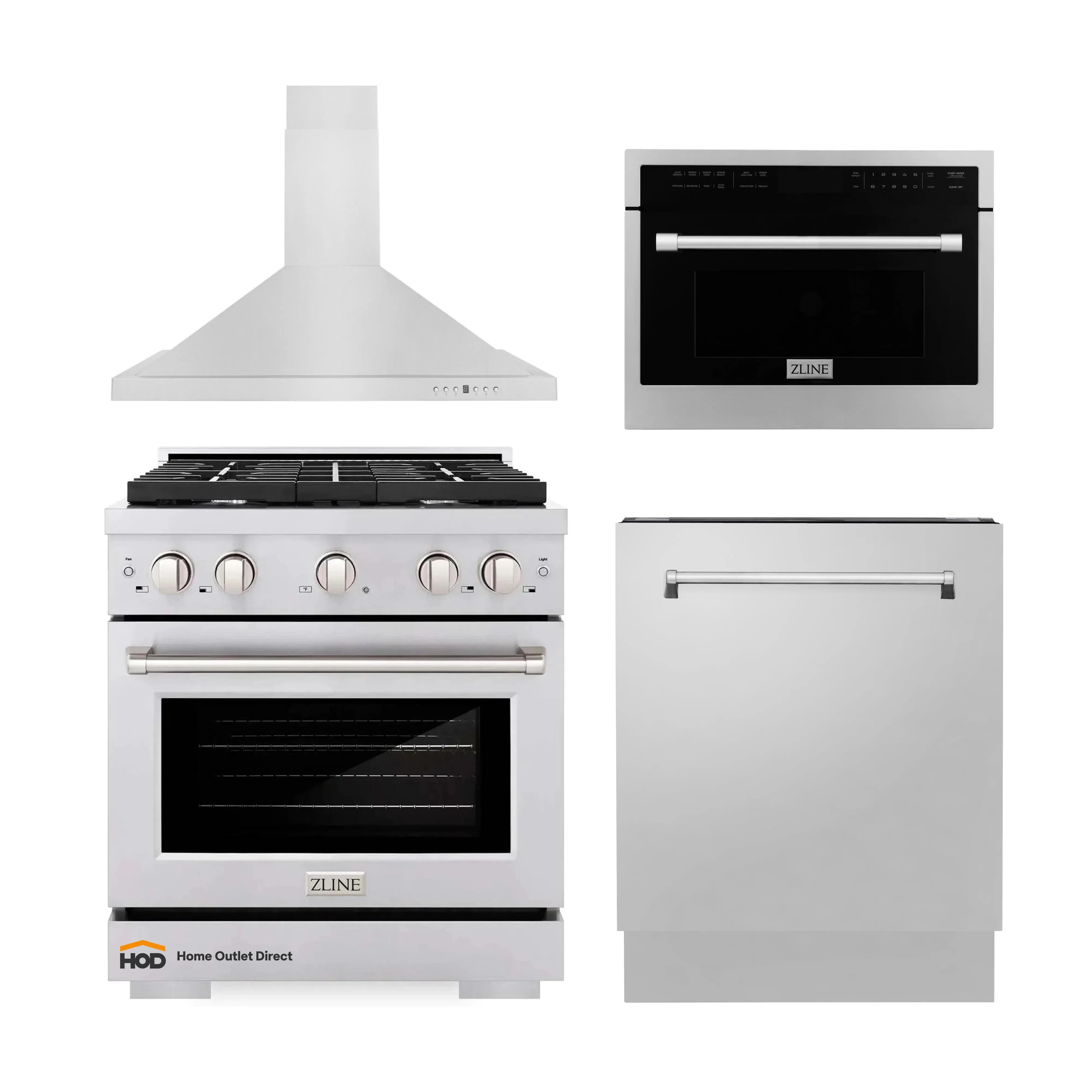 ZLINE 4-Piece Appliance Package - 30-Inch Gas Range, Tall Tub Dishwasher, Microwave Oven & Premium Hood (4KP-SGRRH30-MODWV)