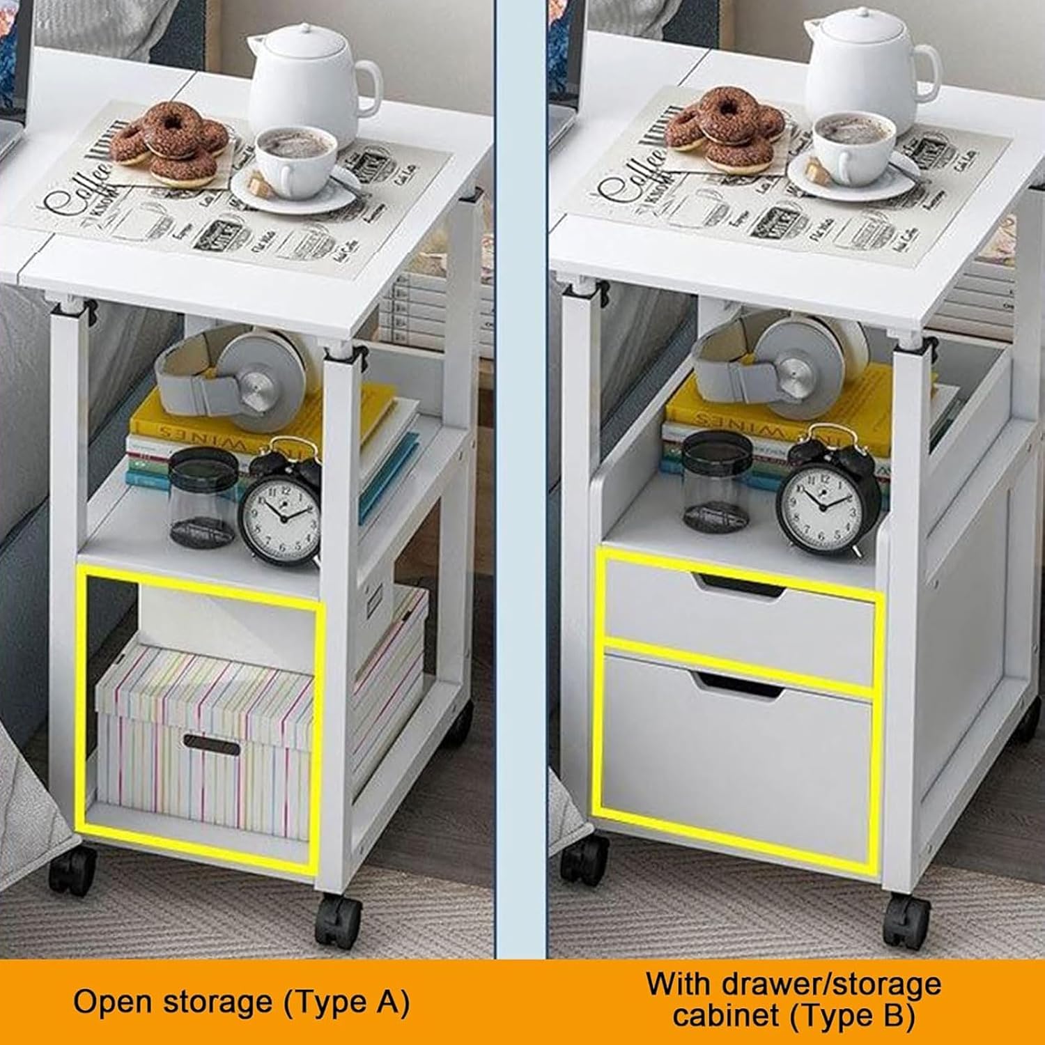 2 in 1 Foldable Overbed Table with Wheels, Bedside Table Adjustable Height, Mobile Computer Desk Laptop Table, Standing Over Bed Table for Hospital and Home Use,White a