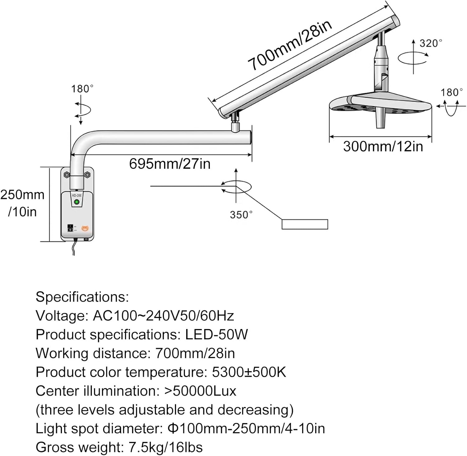 Wall Hanging Surgical Examination Lamp, 50W LED Medical Exam Lamp with Touch Switch, Three Levels of Brightness Can Be Adjusted, 360° Rotating Lamp Head