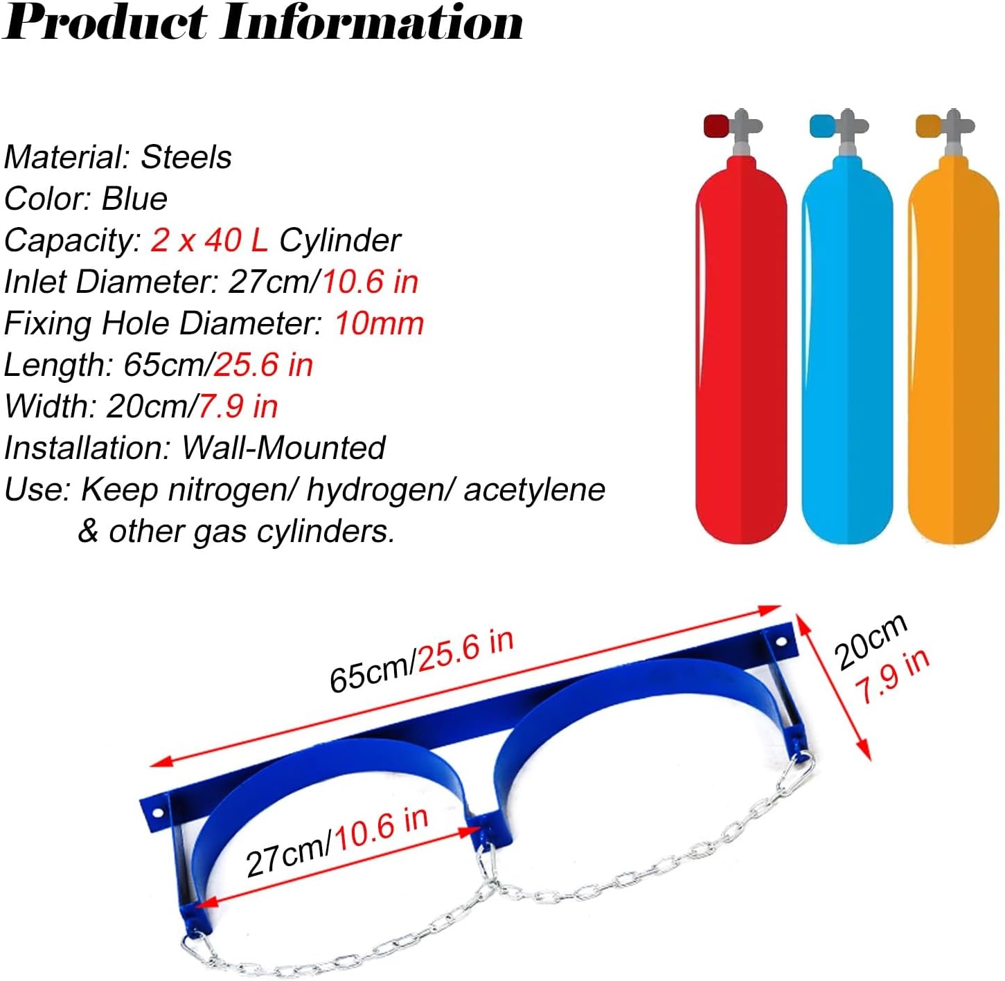 Blue Steel Gas Cylinder Fixed Rack with Protective Chain, Cylinder Wall Mounted Brackets, Gas Cylinder Organizer Shelf for Hospital/Labs/Corporate,6 Pcs-2 Bottles - 25.6x7.9 in
