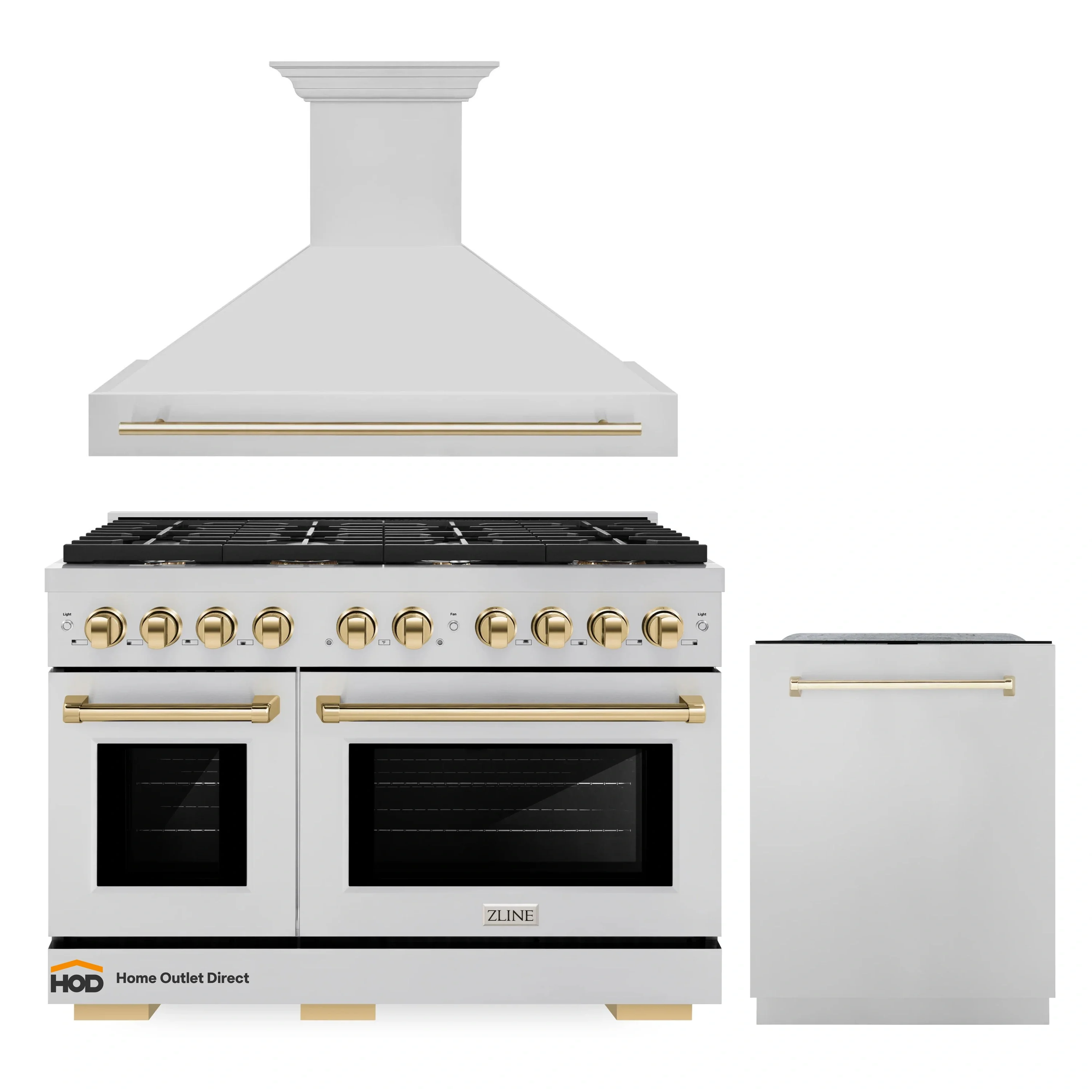 ZLINE Autograph Edition 3-Piece Appliance Package - 48-Inch Gas Range, Wall Mounted Range Hood, & 24-Inch Tall Tub Dishwasher in Stainless Steel with Gold Trim (3AKPR-SGRRH48-G)
