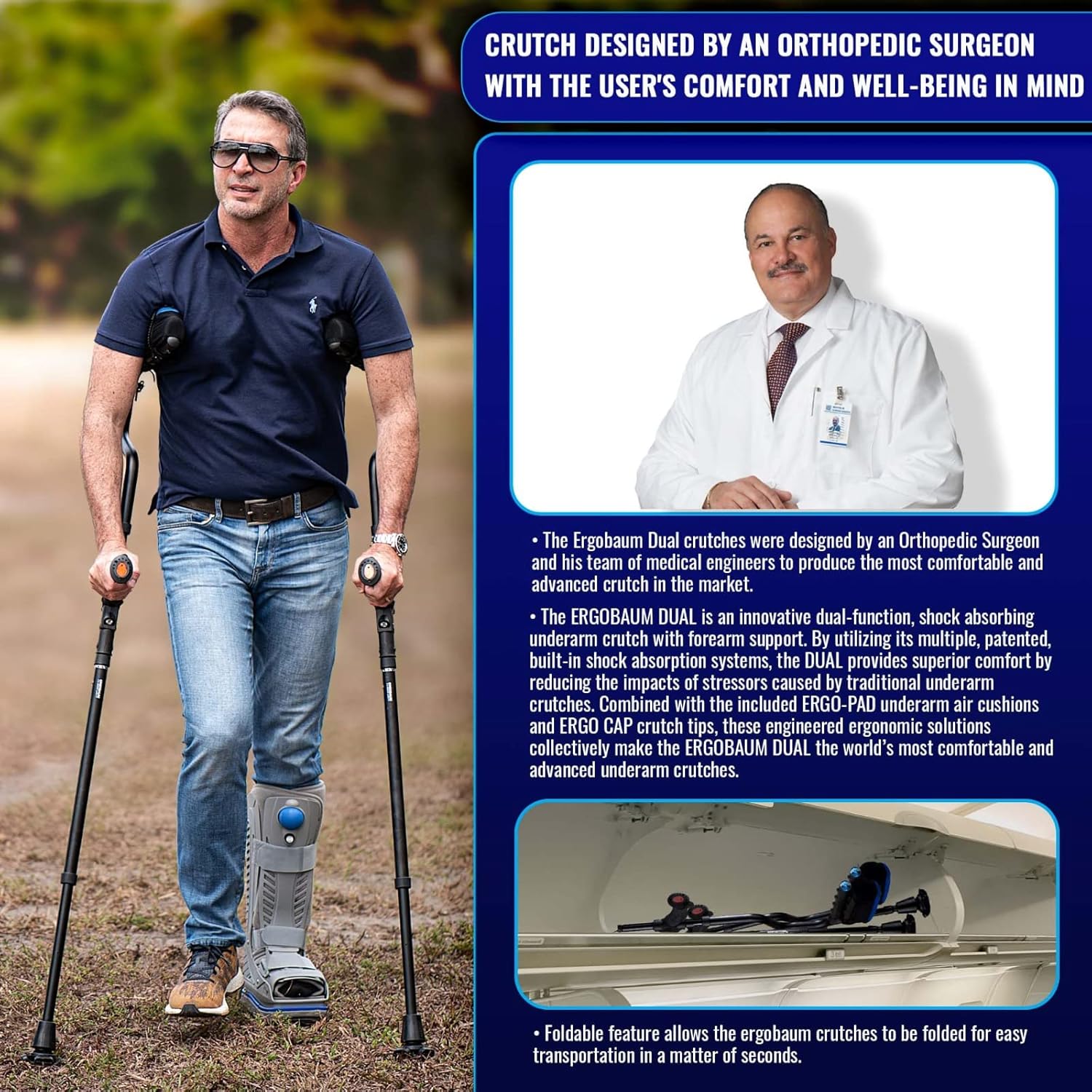 Ergobaum Dual Black Cobra(5' to 6'6'') Ergonomic Underarm Crutches (1 Pair) of Double-Function Shock Absorber Underarm Crutches with Arm Support (Real Carbon Fiber)