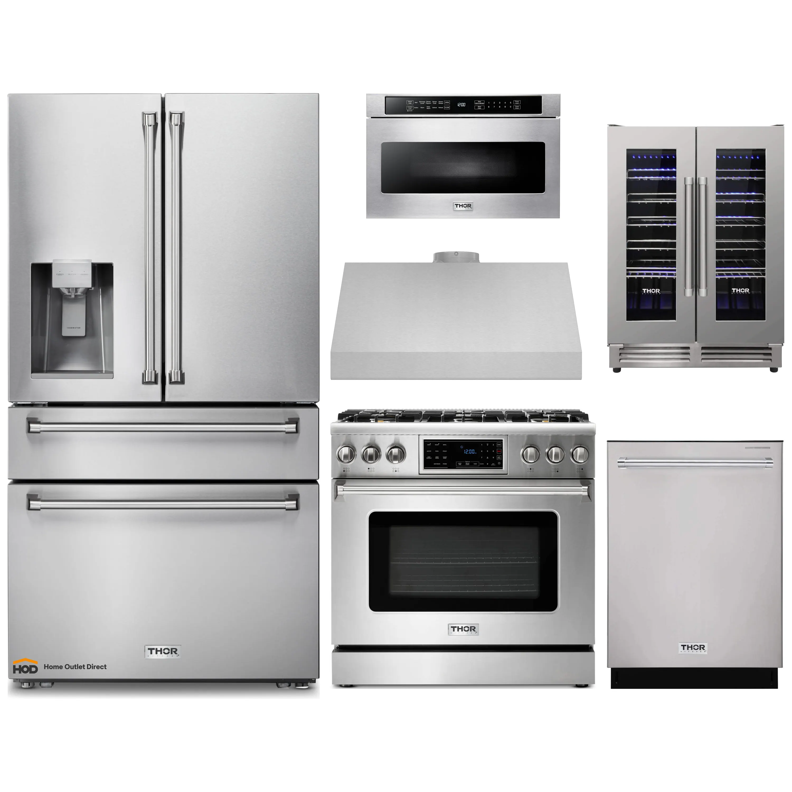 Thor Kitchen 6-Piece Appliance Package - 36-Inch Gas Range with Tilt Panel, Refrigerator with Water Dispenser, Under Cabinet Hood, Dishwasher, Microwave Drawer, & Wine Cooler in Stainless Steel