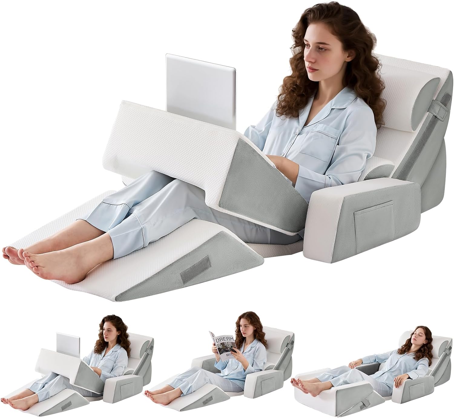 9PCS Wedge Pillow Set for After Surgery Recovery, Adjustable Memory Foam Neck Pillow, Foam Leg Pillow, Relieves Neck, Leg Pain, Sleep Apnea, and Functions as a Reading Pillow, Gray