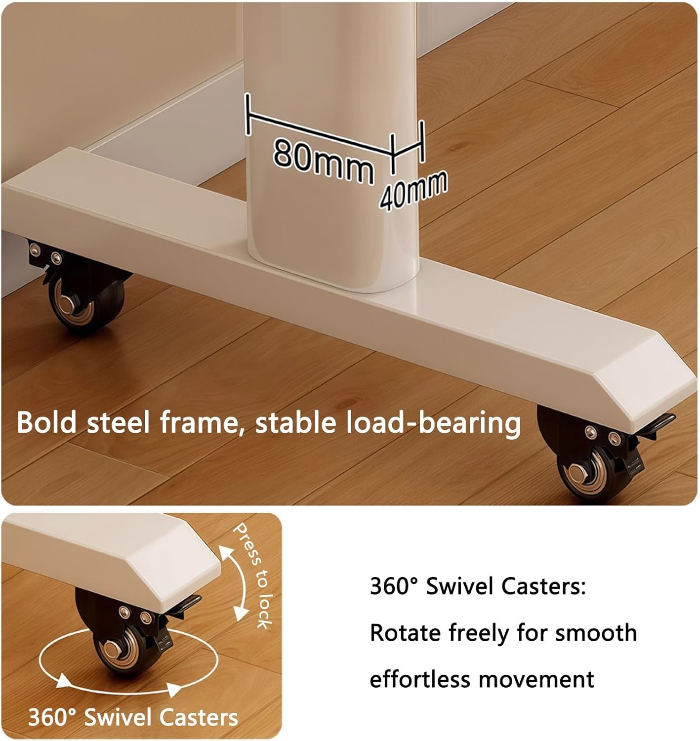 Over Bed Table with Wheels & Adjustable Height - Heavy Duty Metal Legs & Solid Wood Top Standing Laptop Cart, Rolling Overbed Desk for Hospital & Home Use(with Baffle-D,100cm/39.4in)