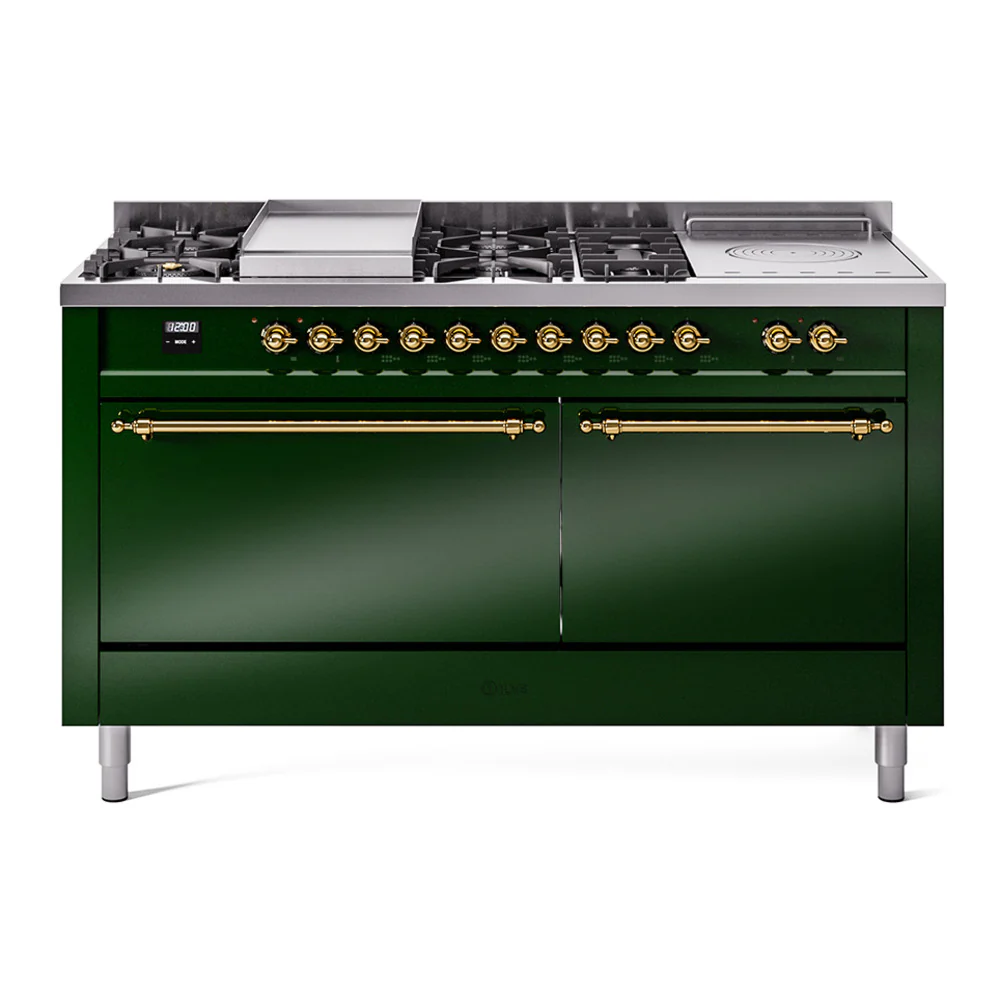 ILVE Nostalgie II 60-Inch Dual Fuel Range with 7 Burners, Griddle, & French Top with Solid Door Oven in Emerald Green with Brass Trim (UP60FSQNMPEGG)
