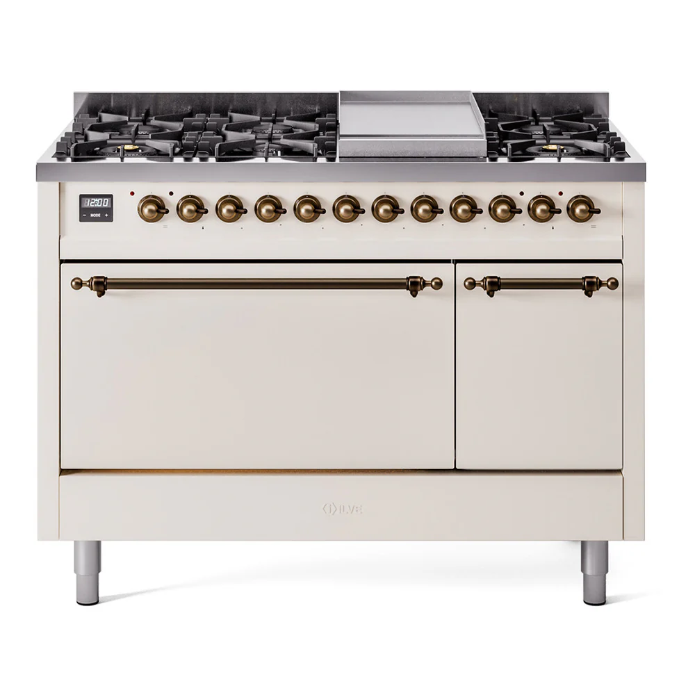 ILVE 48-Inch Nostalgie II Dual Fuel Range with 8 Burners, Griddle, and Solid Door Oven in Antique White with Bronze Trim (UP48FQNMPAWB)