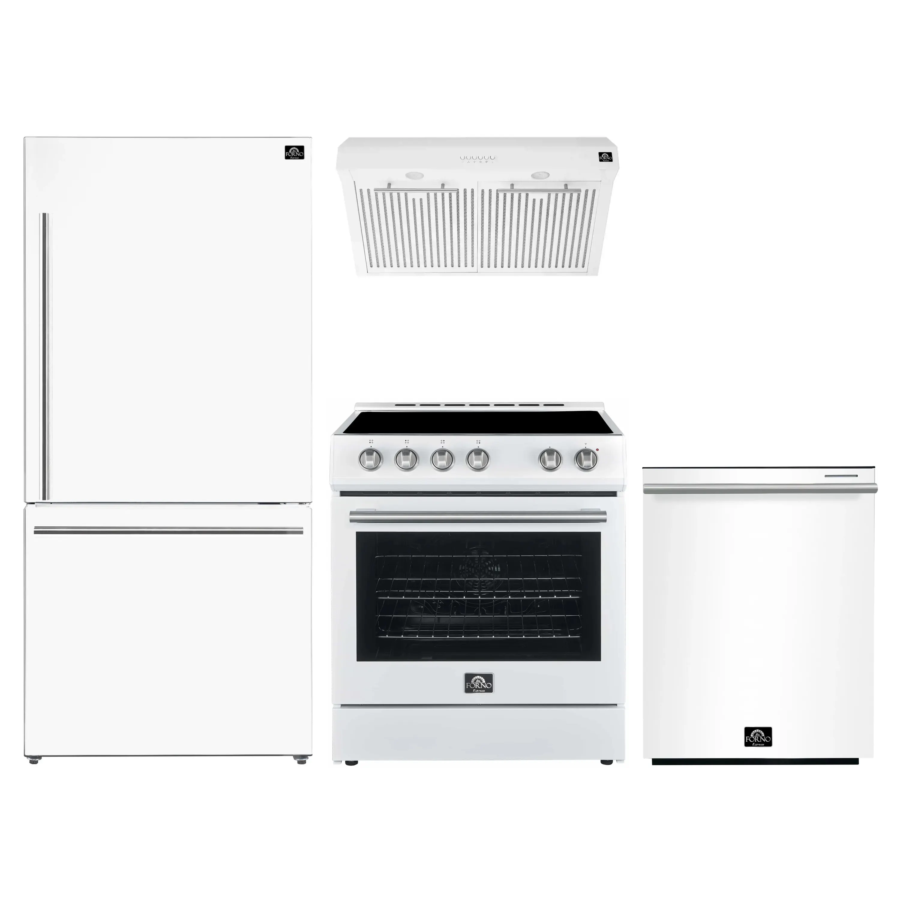 FORNO 4-Piece Appliance Package- 30-Inch Electric Range, Under Cabinet Range Hood, 31-Inch Refrigerator, and Built-In Dishwasher in White with Stainless Steel Trim (FBDL-006-03US)