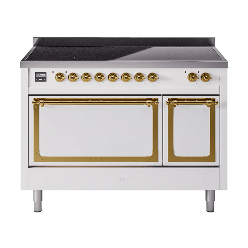ILVE Nostalgie II Noblesse 48-Inch Induction Range with Solid Door Oven in White with Brass Trim (UNI486QNMPWHG)