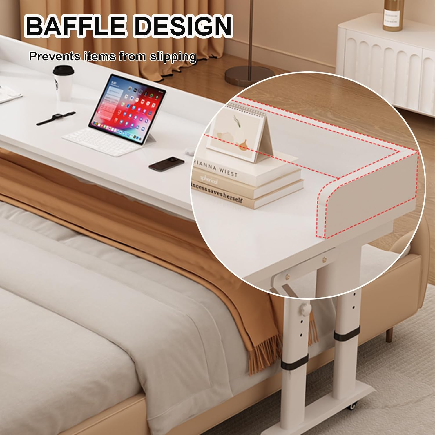 Over Bed Table with Wheels, Over The Bed Desk with Baffle Adjustable Height, Dual-Leg Design, Mobile Laptop Cart Computer Desk for Home, Hospital, Dorm Use