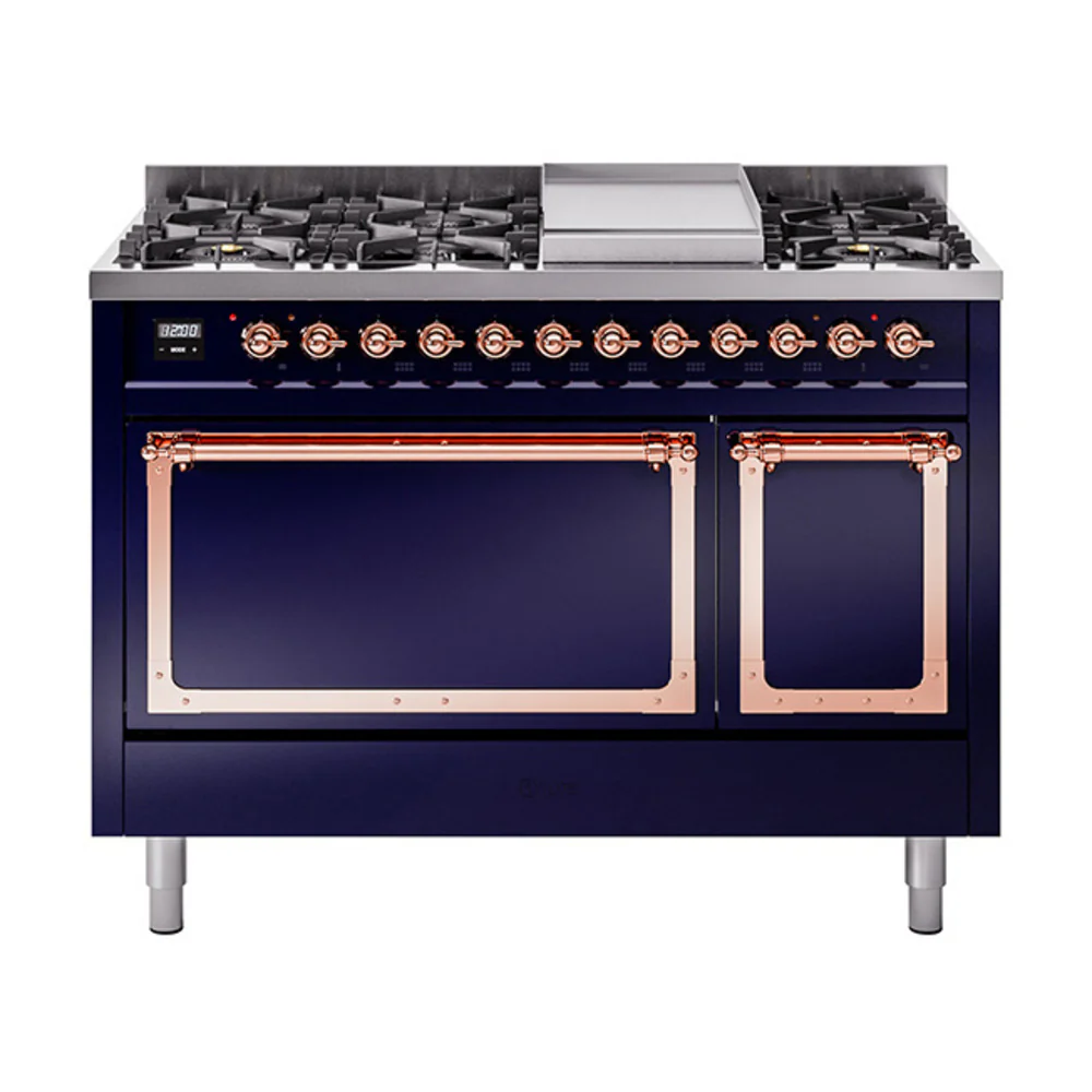 ILVE Nostalgie II Noblesse 48-Inch Dual Fuel Freestanding Range with Solid Door Oven in Midnight Blue with Copper Trim (UN48FQNMPMBP)