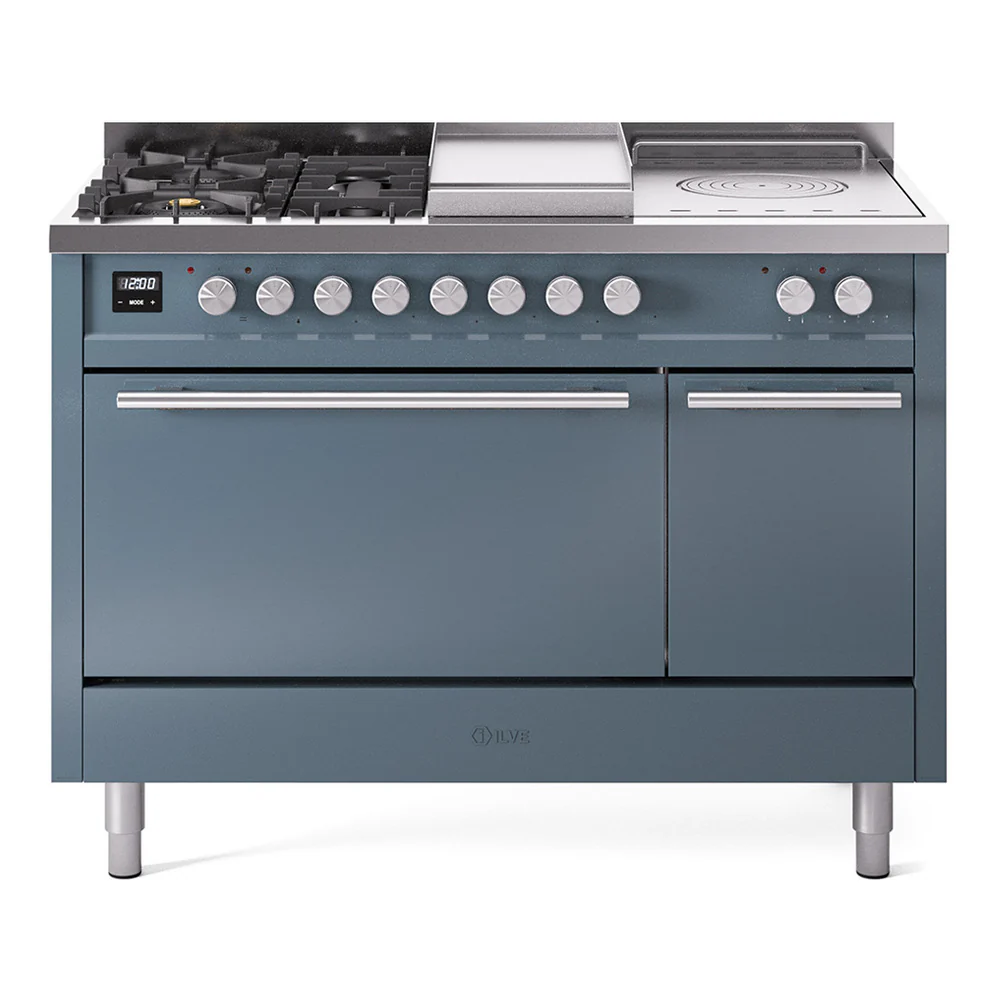 ILVE Professional Plus II 48-inch Dual Fuel Range with 5 Burners, Griddle, & French Top with Solid Door Oven in Blue Grey (UP48FSQMPBG)