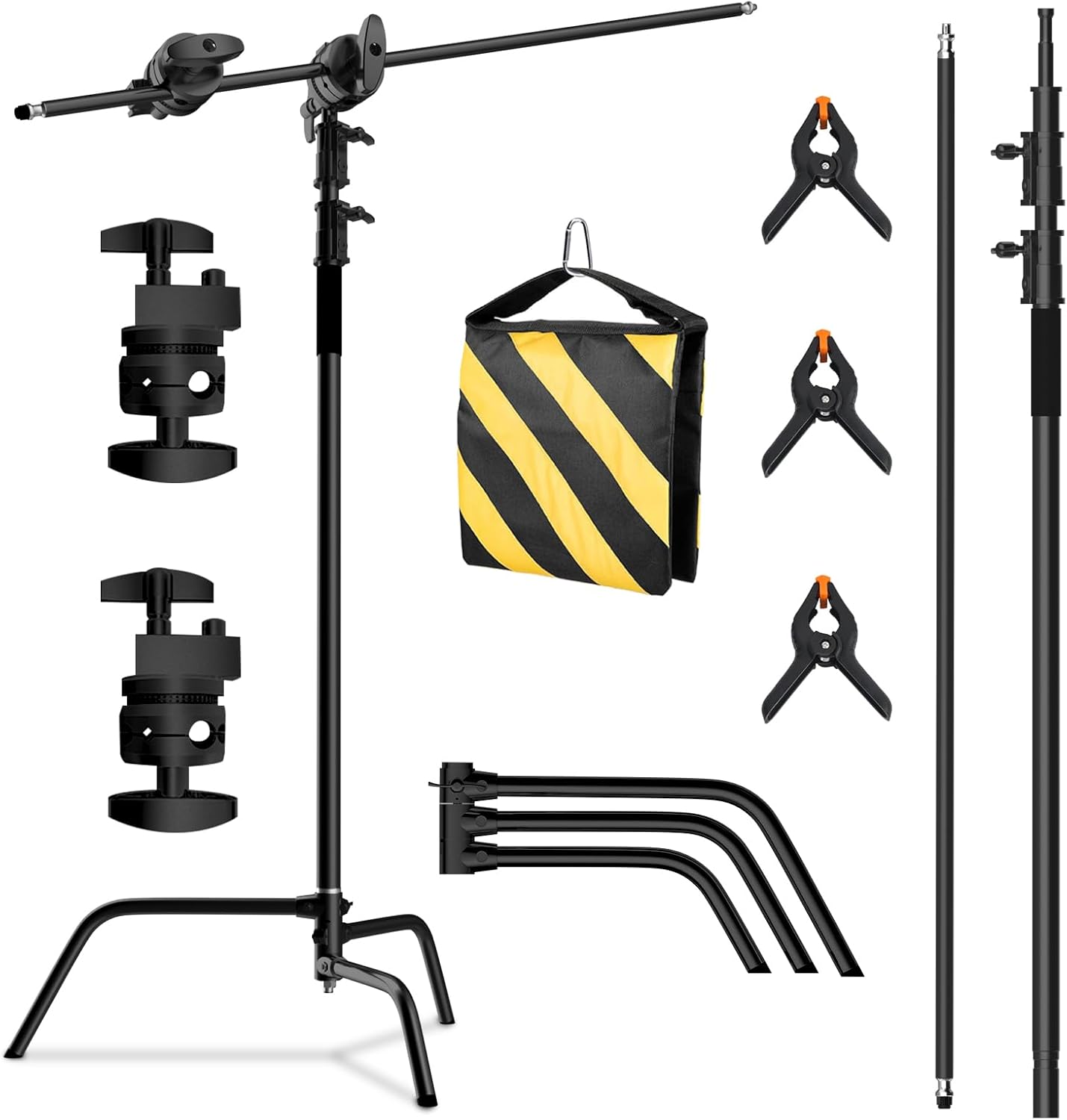 SH C Stand with Boom Arm, Heavy Duty Photography Light Stand, 6.8ft/210cm Stainless Steel C-Stand Kit with Sandbag, 2.8ft/87cm Boom for Studio Softbox and Reflector, Black