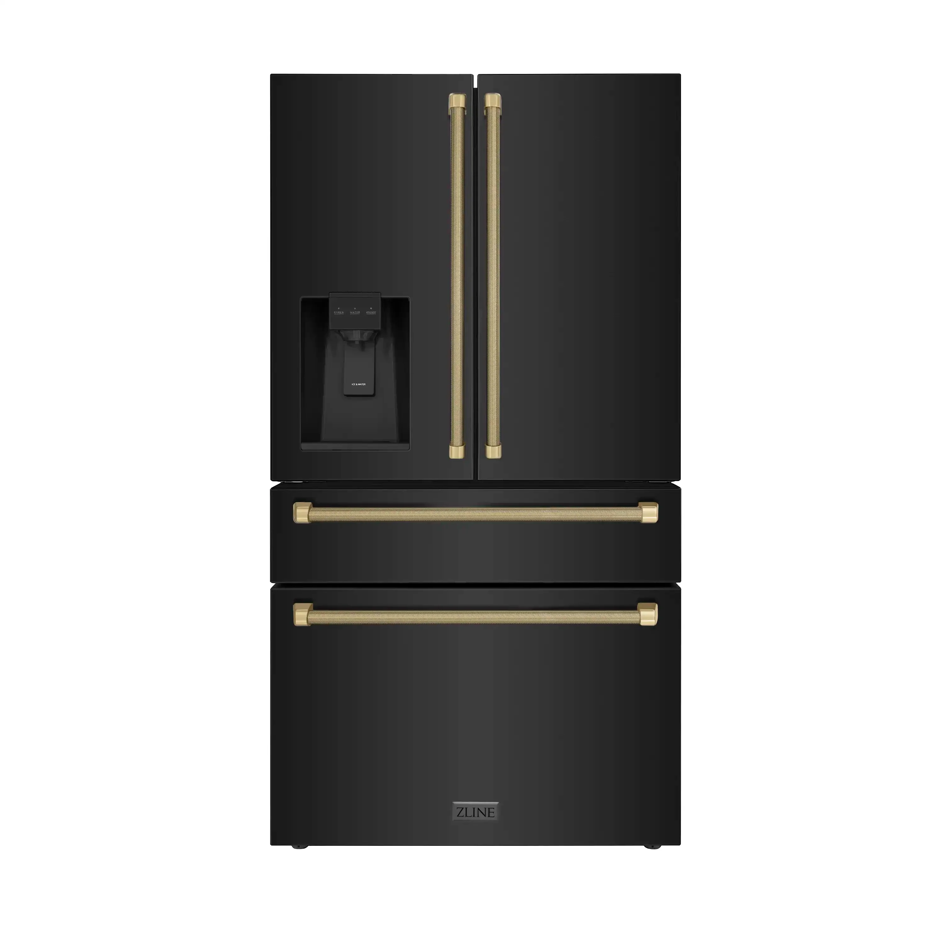 ZLINE Autograph 36-Inch Counter-Depth Fridge w/ Water Dispenser in Black Stainless Steel & Bronze Helix Handles (RFMZ-W36-BS-KCB)