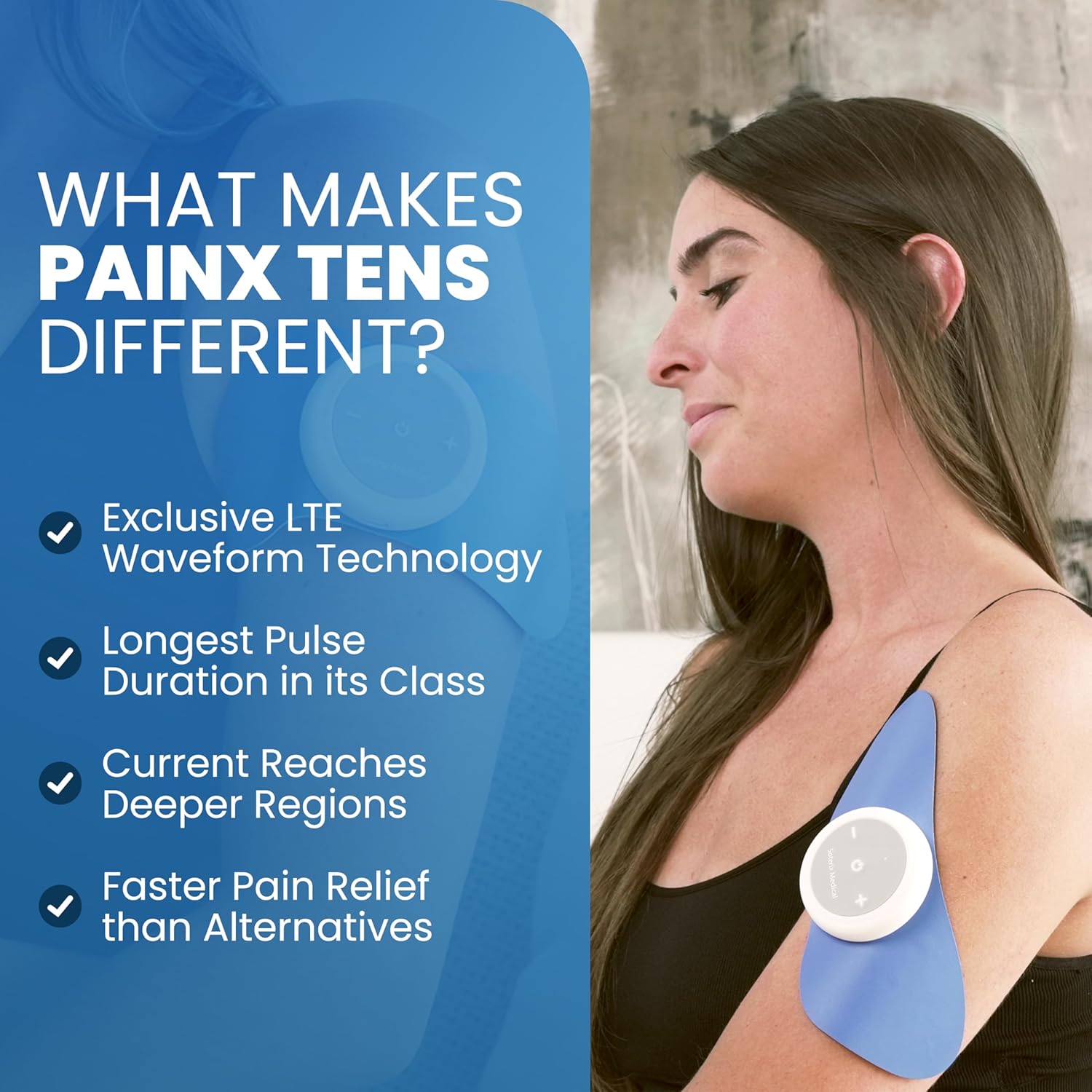 Soterix Medical PainX TENS Wireless Tens Unit Muscle Stimulator with EMS - FSA Tens Unit for Back Pain, Knee, Neck and Face with USB Rechargeable Device and Remote, Designed in USA, 4 Electrode Pads