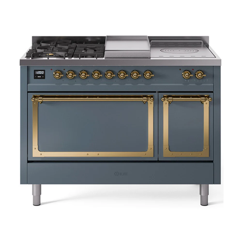 ILVE 48-Inch Nostalgie II Noblesse Dual Fuel Range with 5 Sealed Burners, Griddle, French Top and Solid Door Oven in Blue Grey with Brass Trim (UN48FSQNMPBGG)