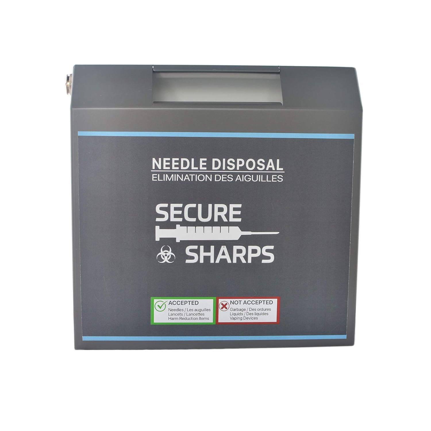 AP5 Sharps Disposal Needle Box Container Wall Mount, 12 Gauge Steel Tamper Proof Premium Powder Coated, 5.4 Quart Grey Sharps Container