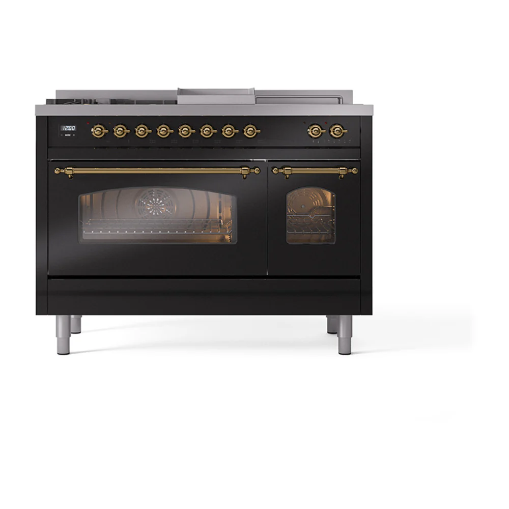 ILVE Nostalgie II 48-Inch Dual Fuel Range with 5 Burners, Griddle, & French Top with Triple Glass Door Oven in Midnight Blue with Brass Trim (UP48FSNMPMBG)