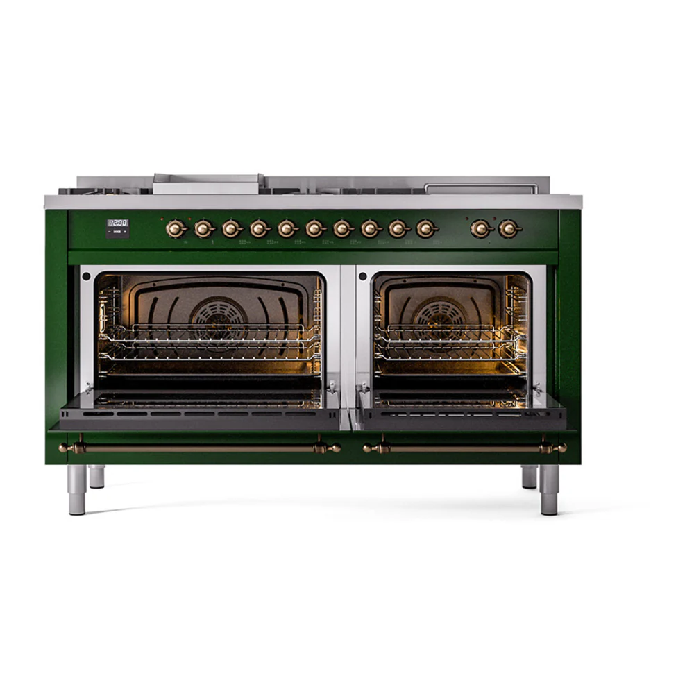 ILVE Nostalgie II 60-Inch Dual Fuel Range with 7 Burners, Griddle, & French Top with Solid Door Oven in Emerald Green with Bronze Trim (UP60FSQNMPEGB)