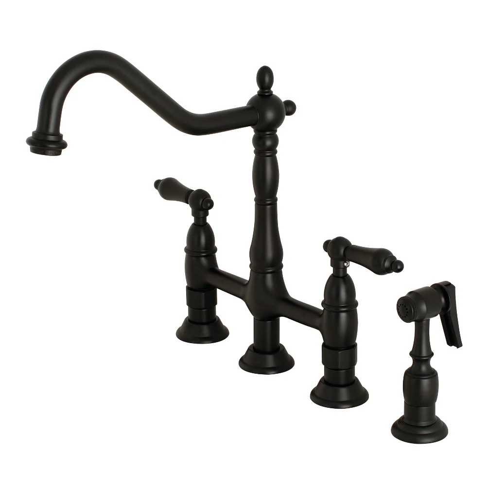 Kingston Brass Heritage Bridge Kitchen Faucet with Brass Side Sprayer, Matte Black (KS1270ALBS)