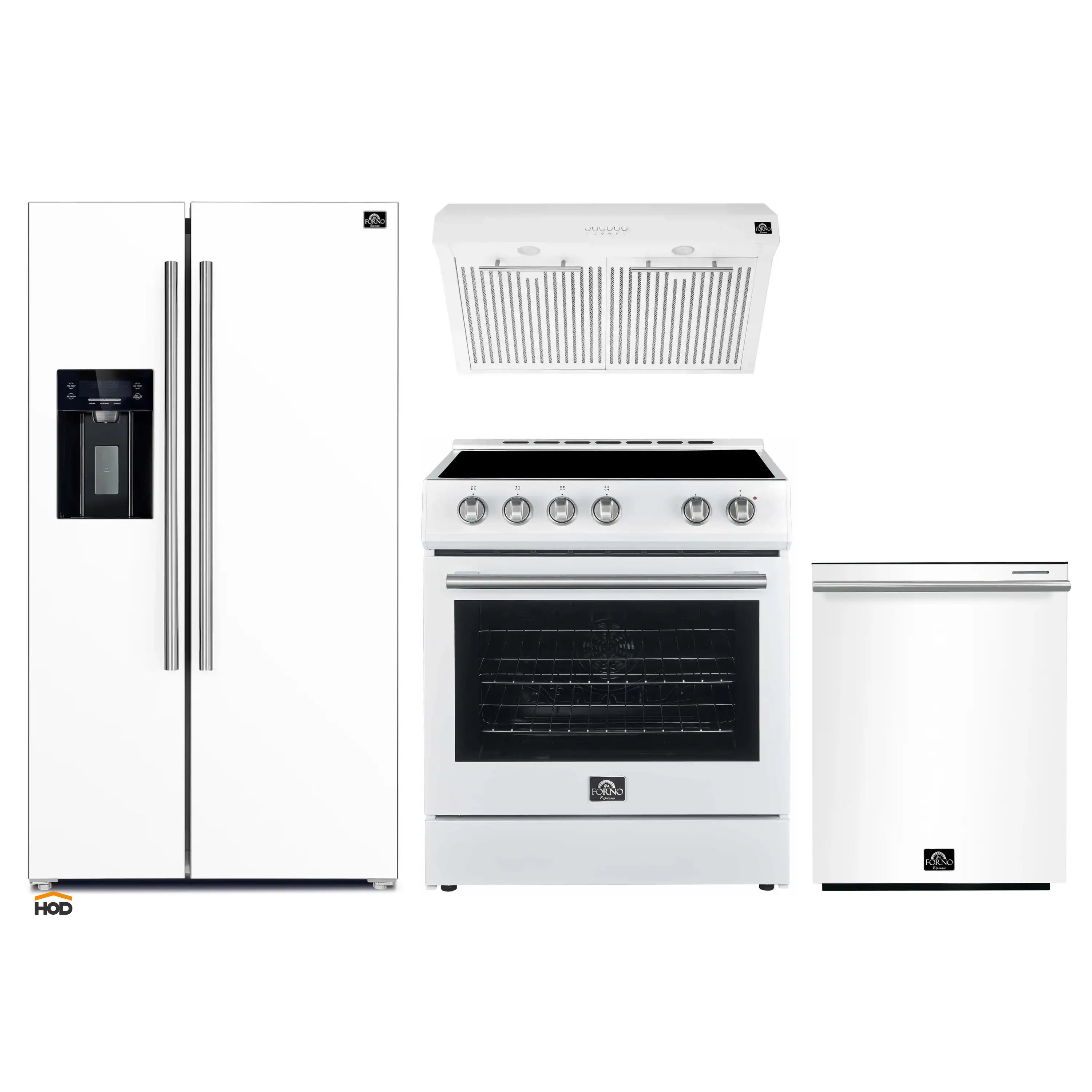 Forno Espresso 4-Piece Appliance Package - 30-Inch Electric Range, Under Cabinet Range Hood, Refrigerator with Water Dispenser and Dishwasher in White with Stainless Steel Trim
