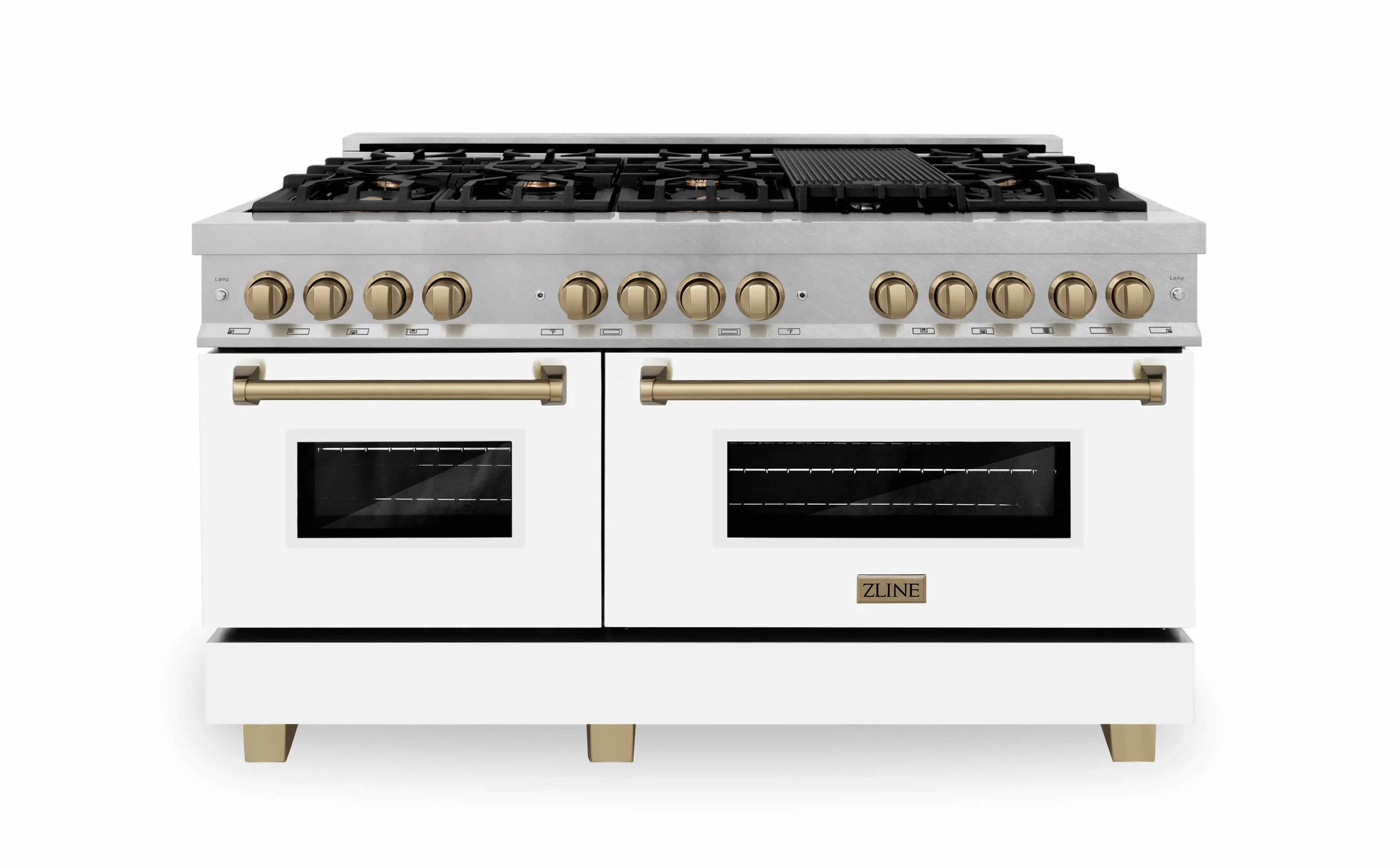 ZLINE Legacy Series Autograph Edition 60-inch Dual Fuel Range with Gas Stove and 7.4 Cu. Ft. Electric Oven in Fingerprint Resistant Satin Stainless Steel with White Matte Door and Bronze Accents (RASZ-WM-60-CB)
