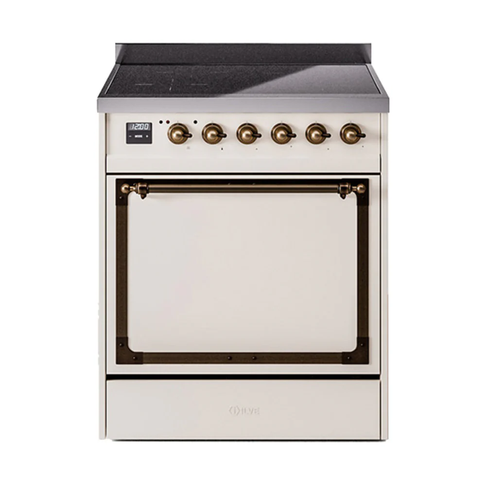 ILVE 30-Inch Nostalgie II Noblesse Induction Range with Solid Door Oven in Antique White with Bronze Trim (UNI304QNMPAWB)
