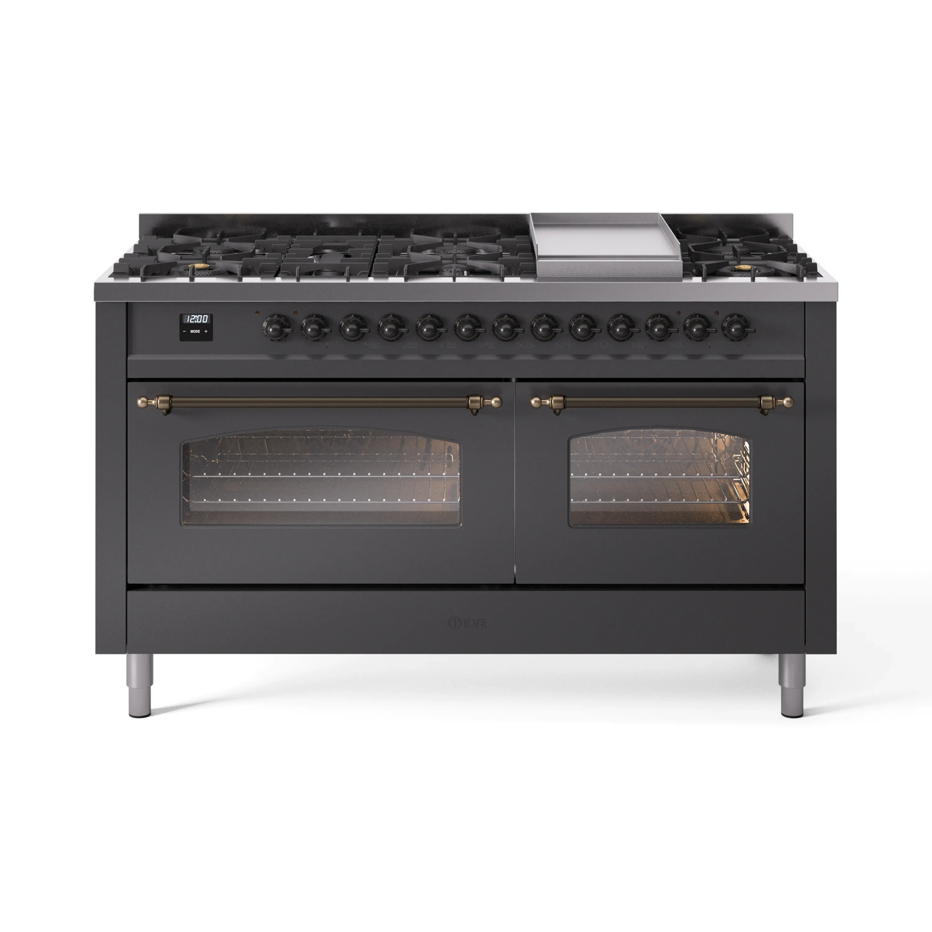 ILVE 60-Inch Nostalgie II Dual Fuel Range with 9 Burners, Griddle and Triple Glass Door Oven in Matte Graphite with Bronze Trim (UP60FNMPMGB)