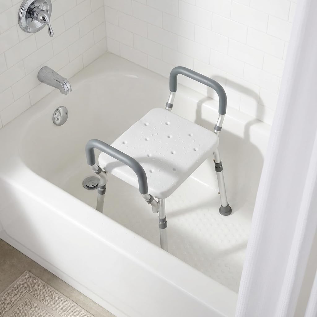 NOVA Adjustable Shower Bench with Padded Arms – Lightweight, Skid-Resistant Tips, White Plastic Seat with Drainage Holes, Tub & Shower Balance Support, 300 lb Capacity