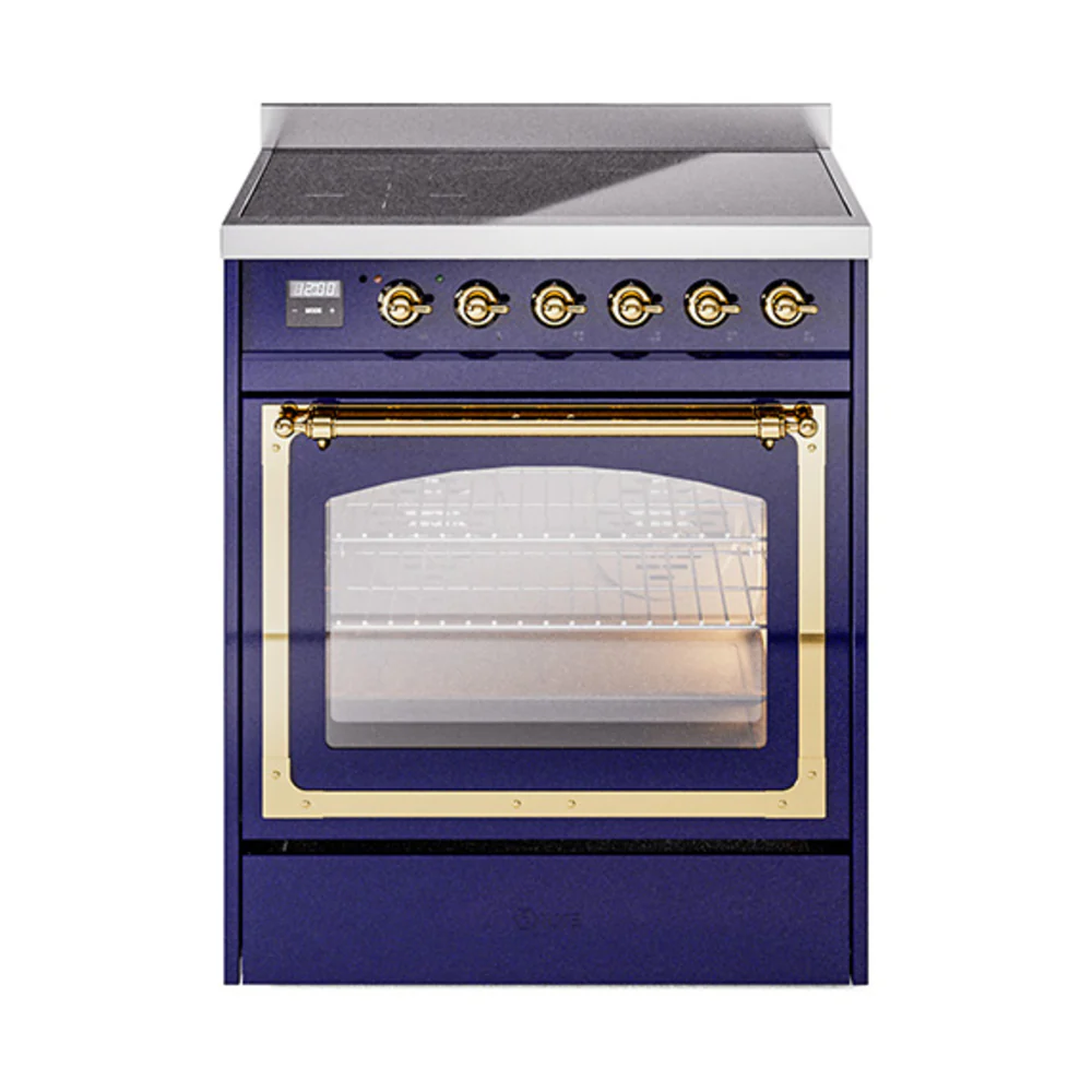 ILVE Nostalgie II Noblesse 30-Inch Induction Range with Triple Glass Door in Midnight Blue with Brass Trim (UNI304NMPMBG)