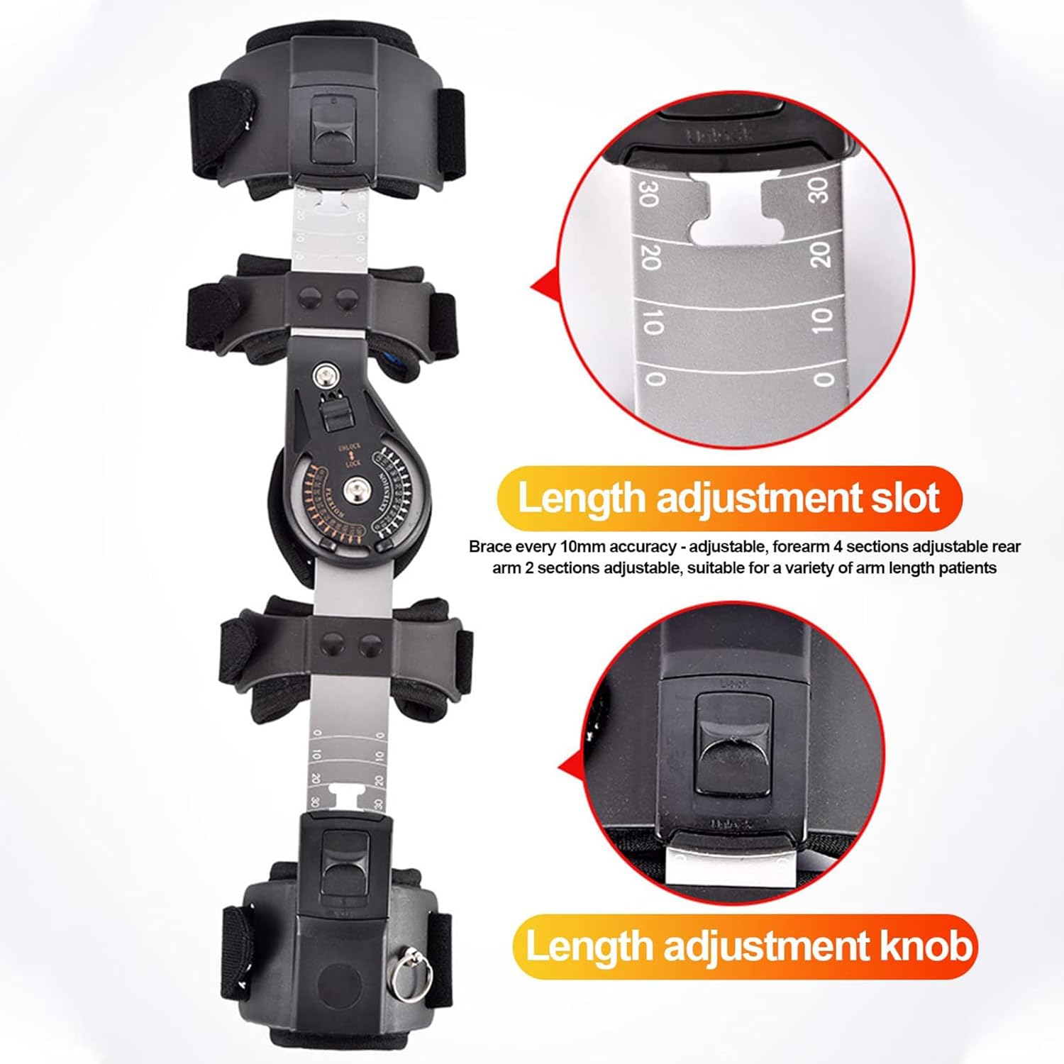 Adjustable Hinged Elbow Brace Stabilizer with Padded Strap Retainer and Double Adjustment Clamps for Arm Injury Recovery Support (Right Hand)