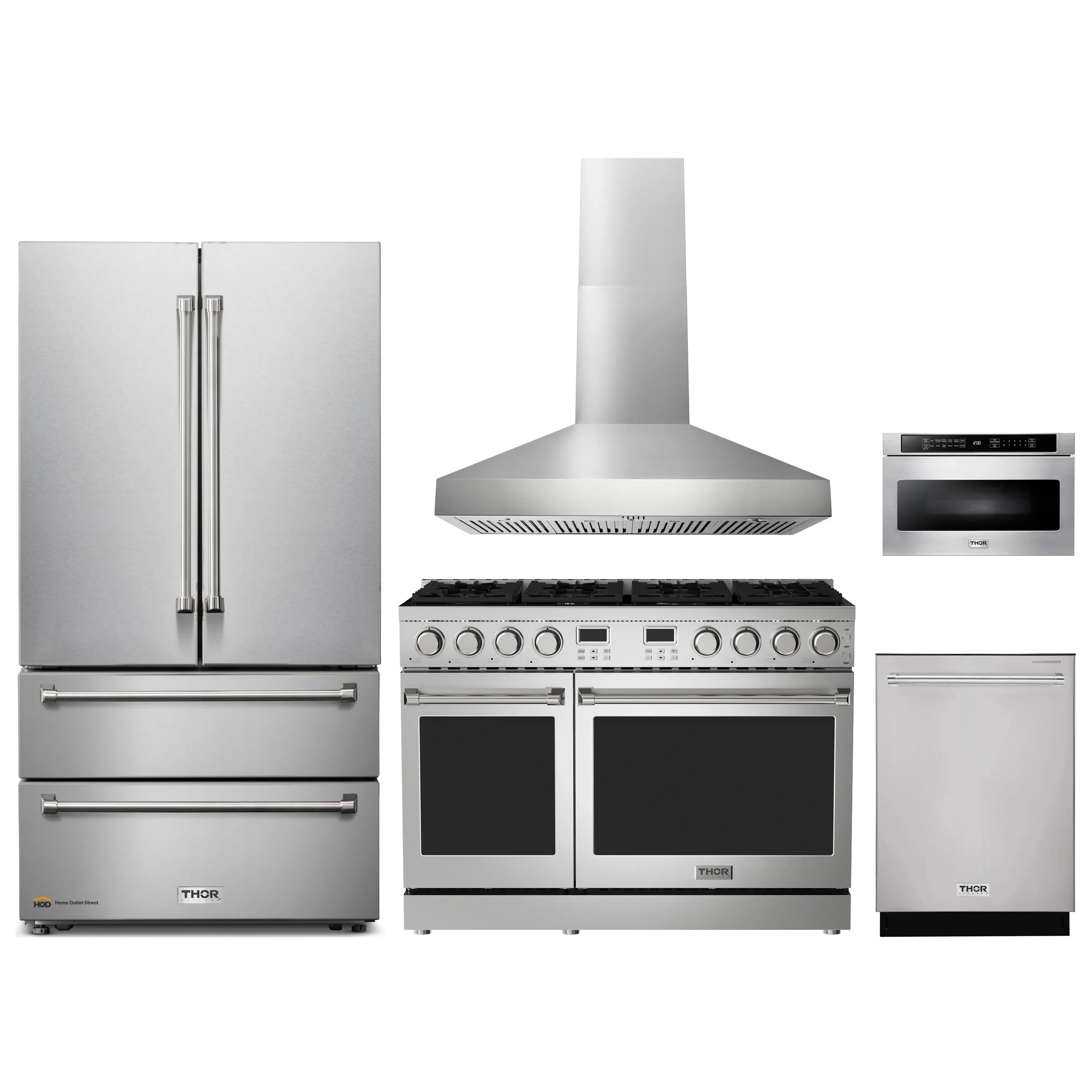 Thor Kitchen A-Series 5-Piece Appliance Package - 48-Inch Gas Range, Pro-Style Wall Mount Range Hood, Refrigerator, Dishwasher, and Microwave in Stainless Steel