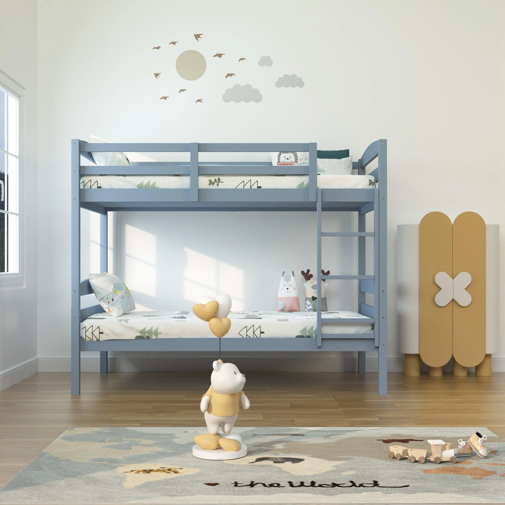 Parrot Uncle Transitional Solid Hardwood Twin over Twin Bunk Bed, Patented Insert & Lock Joint for Extra Safety for Kids
