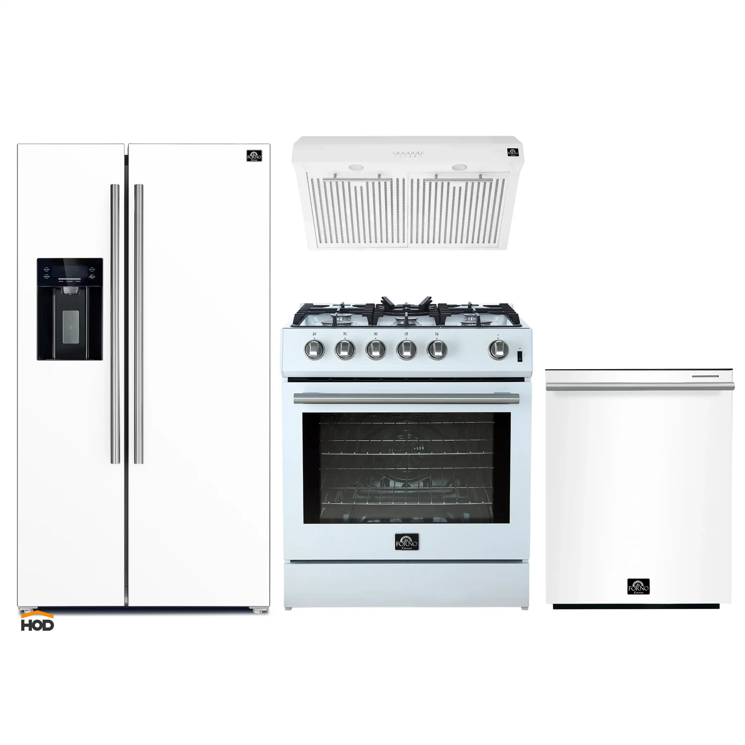 Forno 4-Piece Appliance Package - 30-Inch Gas Range, Under Cabinet Range Hood, Refrigerator with Water Dispenser, and Dishwasher in White with Stainless Steel Trim