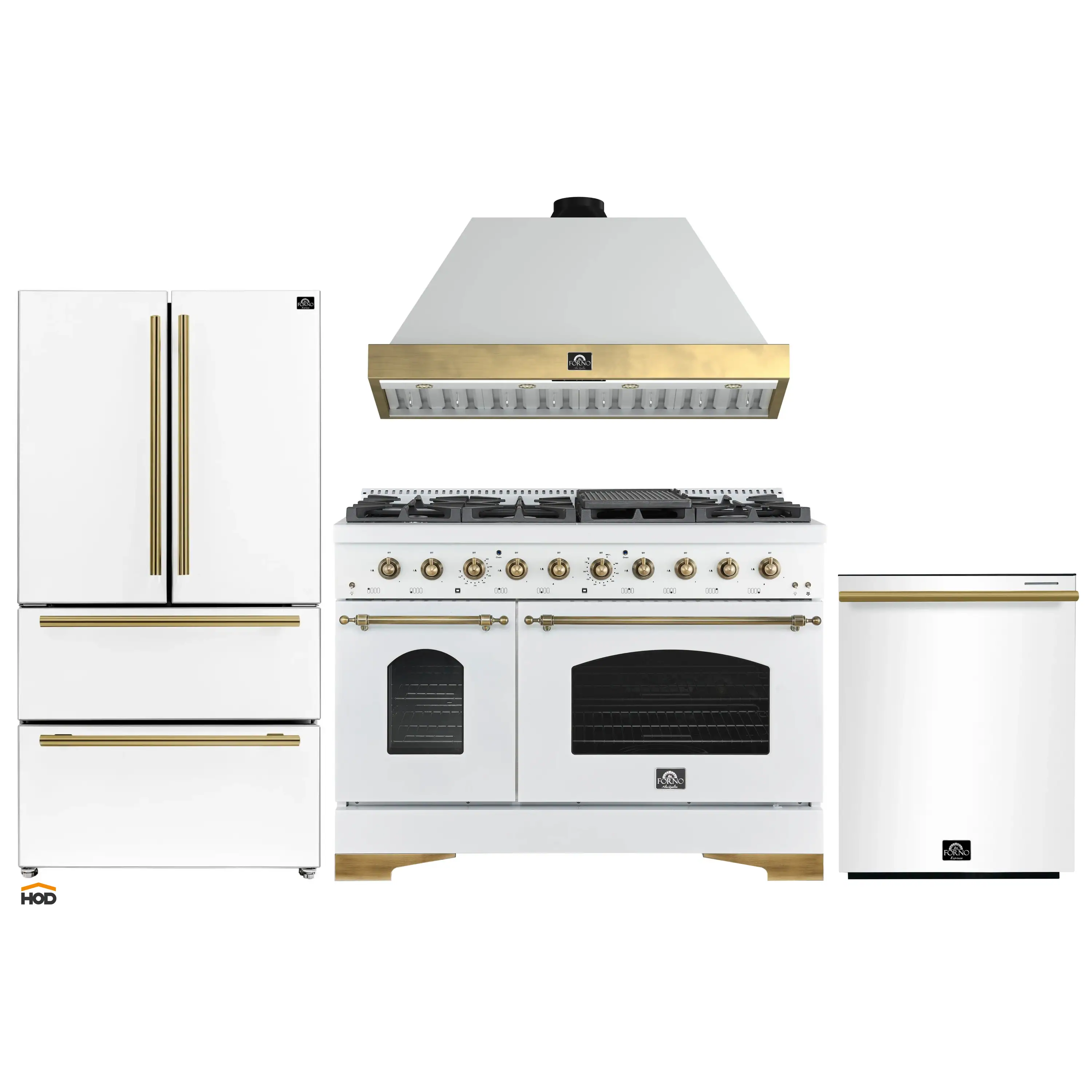 Forno Antico 4-Piece Appliance Package - 48-Inch Gas Range, 48-Inch Hood, 36-Inch Refrigerator, & 24-Inch Dishwasher in White with Antique Brass Trim