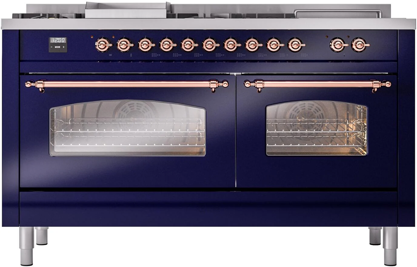 ILVE Nostalgie II 60-Inch Dual Fuel Range with 7 Burners, Griddle, & French Top with Triple Glass Door Oven in Midnight Blue with Copper Trim (UP60FSNMPMBP)