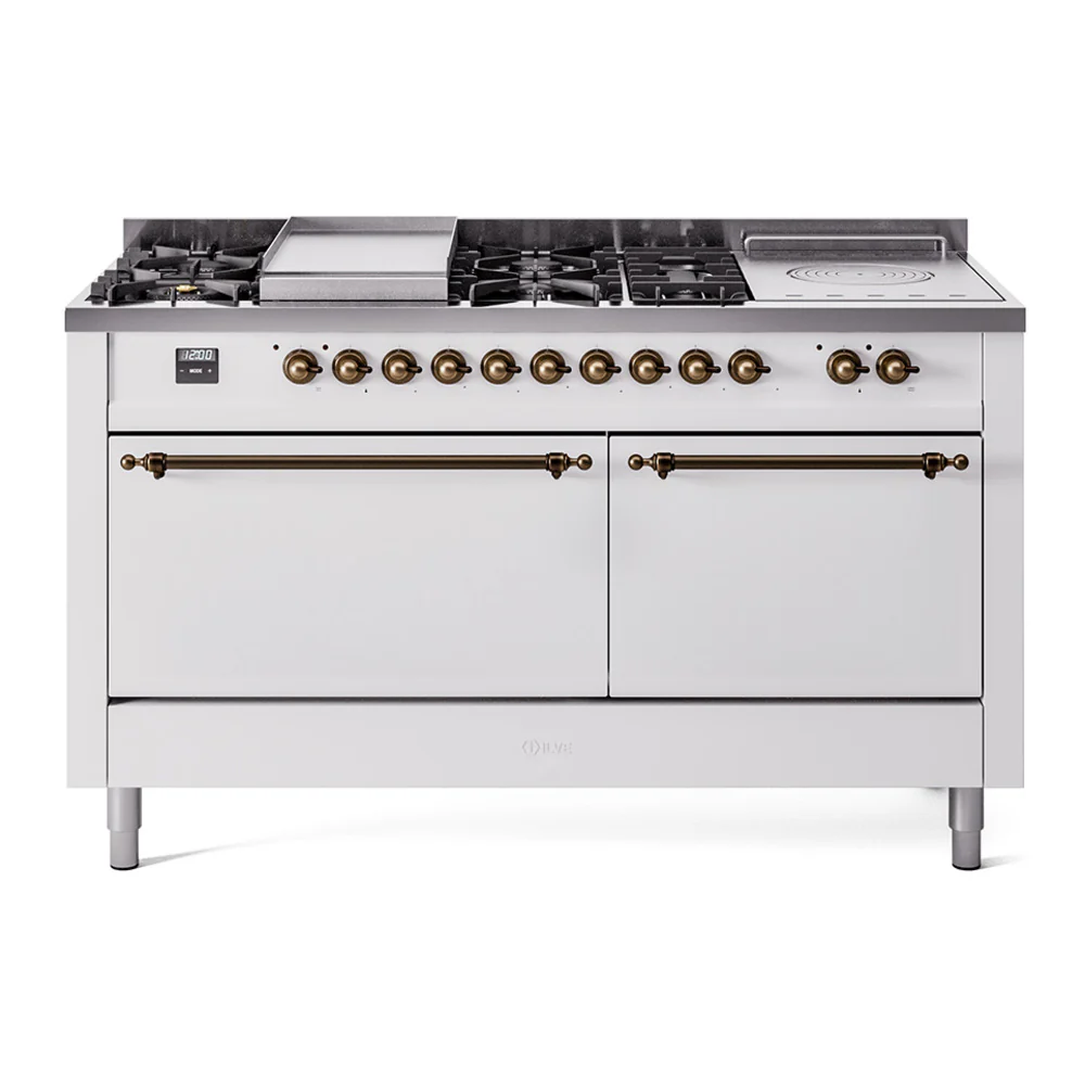 ILVE Nostalgie II 60-Inch Dual Fuel Range with 7 Burners, Griddle, & French Top with Solid Door Oven in White with Bronze Trim (UP60FSQNMPWHB)